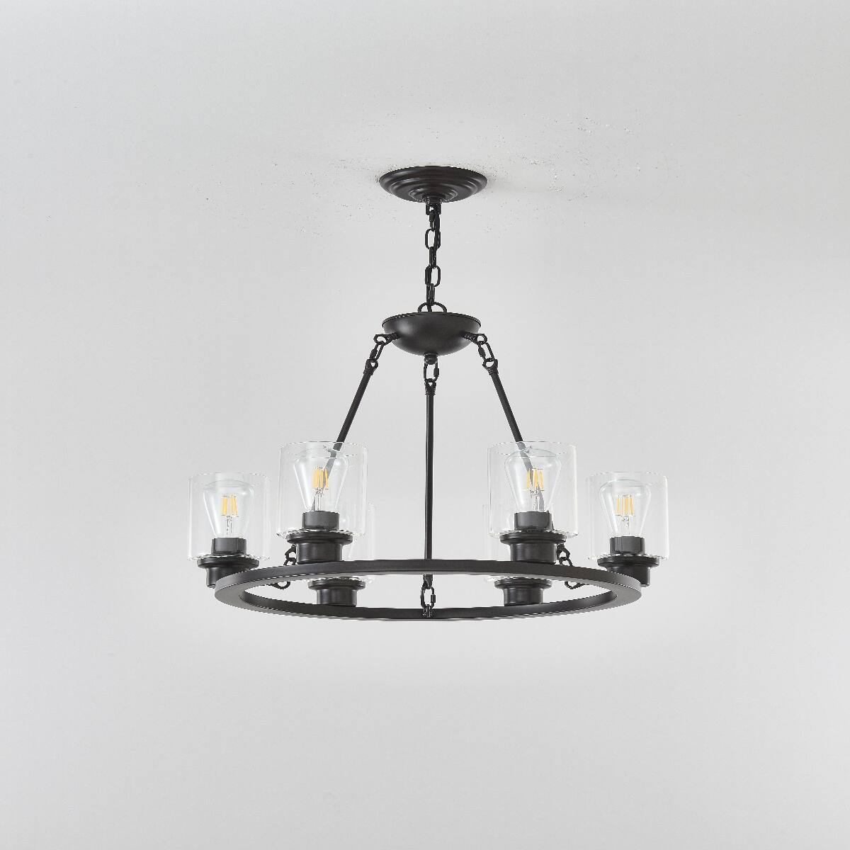 Loheer 6 Light Wagon Wheel Chandelier with Seeded Glass, Black Metal ...