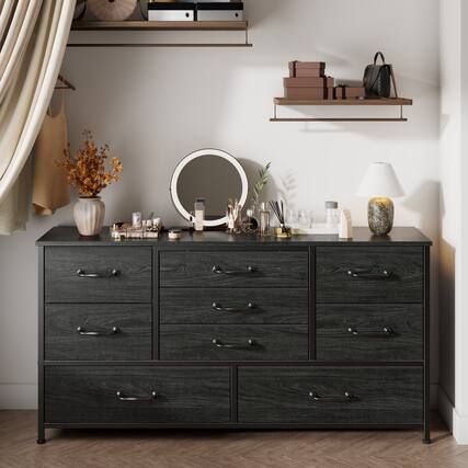 Front. Furologee - 9Drawer Fabric Dresser with Wood Top Storage Chest - Black.