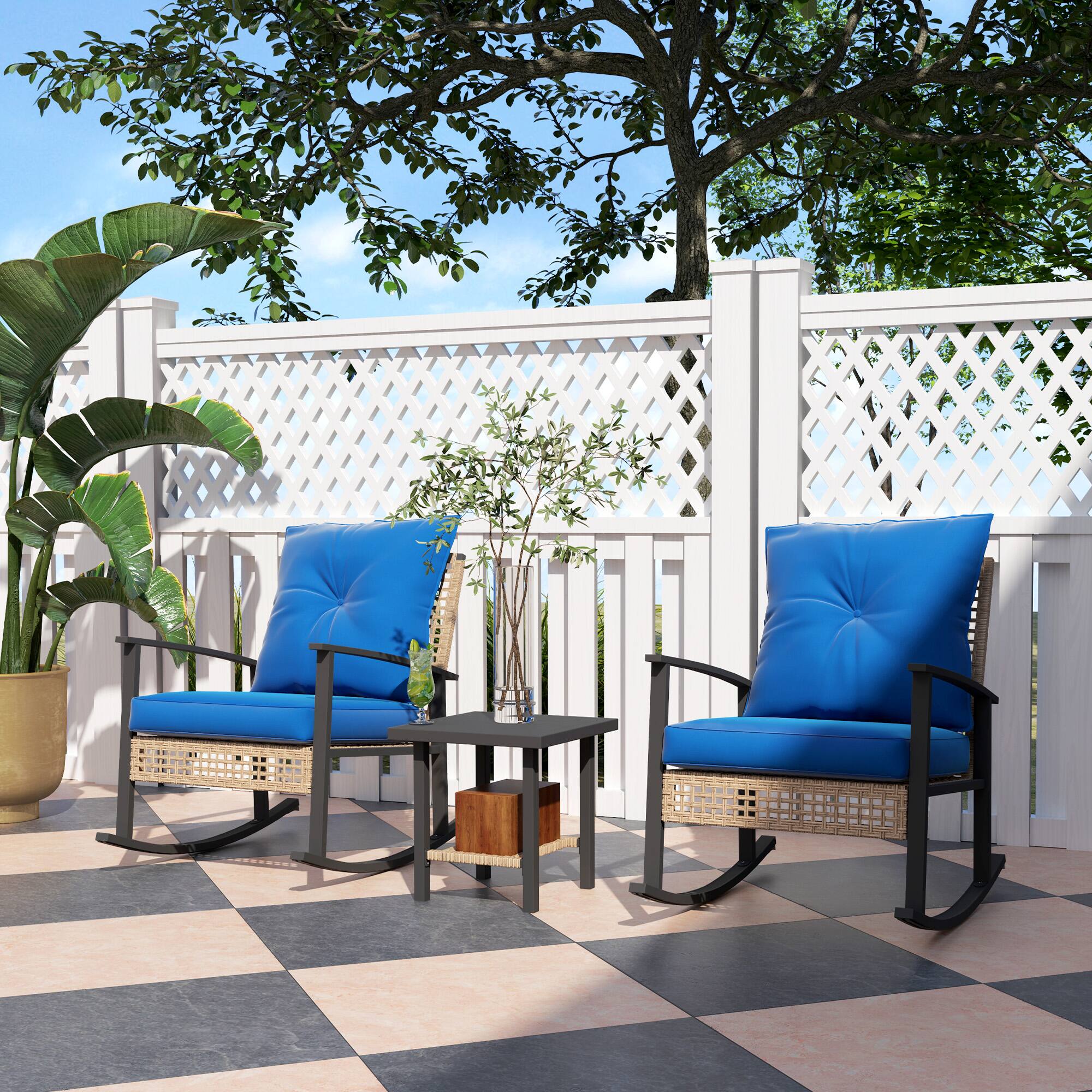 Alt View 1. Outsunny - Pieces Bistro Set, Patio Wicker Furniture Set with Button Tufted Cushions, Rattan Rocking Chairs - Blue.