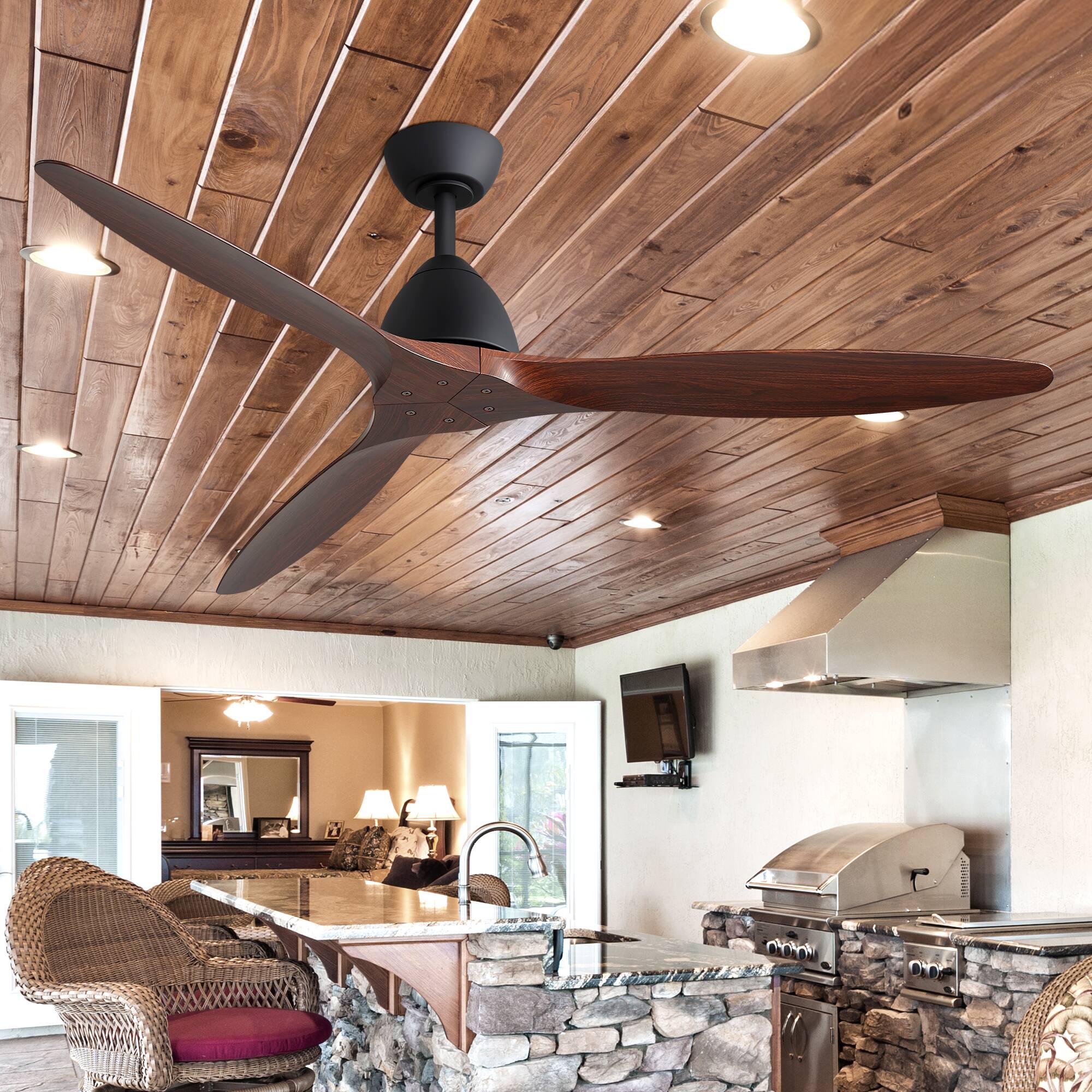 Angle. Breezary - 56-Inch Modern Ceiling Fan with 3 Reversible ABS Blades, 6-Speed Quiet DC Motor, Timer, 6" Downrod Mount - Black and Double-sided wood-grain.