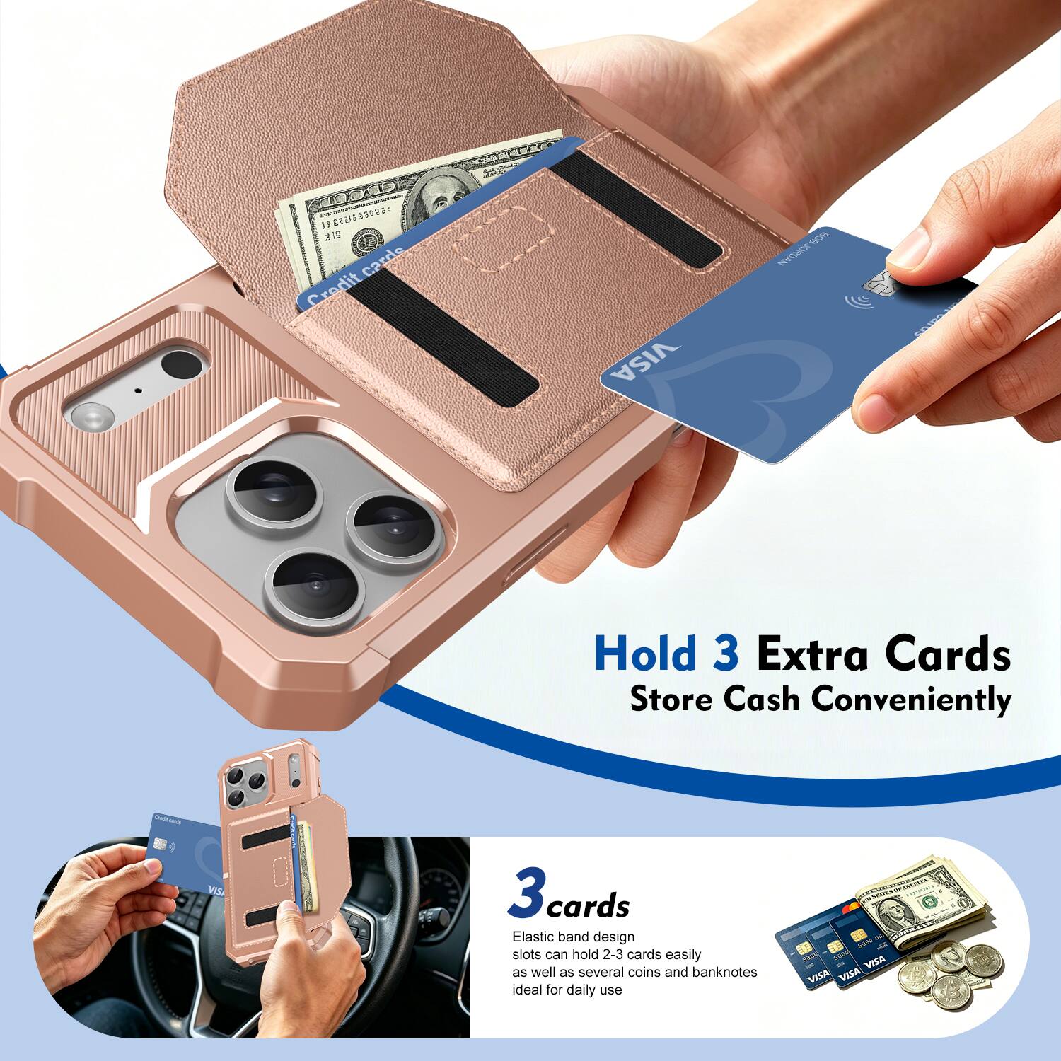 RIE daa T1 11 cards Credit VISA VS Hold 3 Extra Cards Store Cash Conveniently - MISA 3 cards Elastic band design slots can hold 2-3 cards easily as well as several coins and banknotes ideal for daily use - VISA VISA VISA