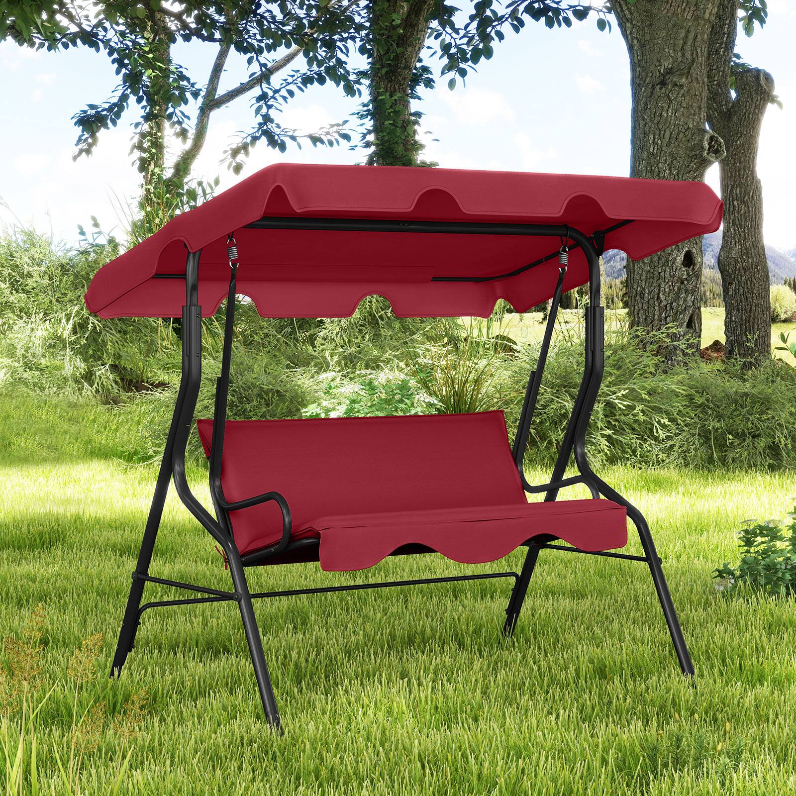 Alt View 4. Gymax - Gymax 3-Person Outdoor Patio Swing Chair w/ Adjustable Canopy & Removable Cushion - Red.