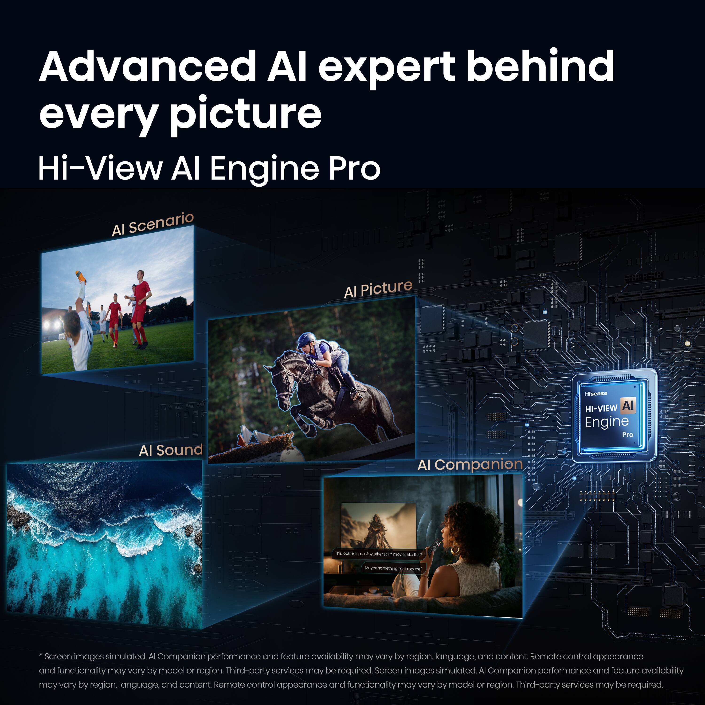 Advanced AI expert behind every picture  
Hi-View AI Engine Pro  

AI Scenario  
AI Picture  
AI Sound  
AI Companion  

*Screen images simulated. AI Companion performance and feature availability and functionality may vary by region, language, and content. Remote control appearance and functionality may vary by model or region. Third-party services may be required.