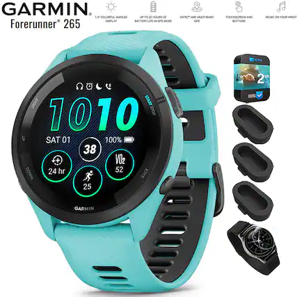 GARMIN
Forerunner 265
1.3" COLORFUL AMOLED DISPLAY
UP TO 20 HOURS OF BATTERY LIFE IN GPS MODE
SATELLITE AND MULTI-BAND GPS
TOUCHSCREEN AND BUTTONS
MUSIC ON YOUR WRIST
LIGHT
SAT 01
1010
38
100%
V02 52
24 hr
25
BACK
DOWN
START STOP
GARMIN
2 YR WARRANTY