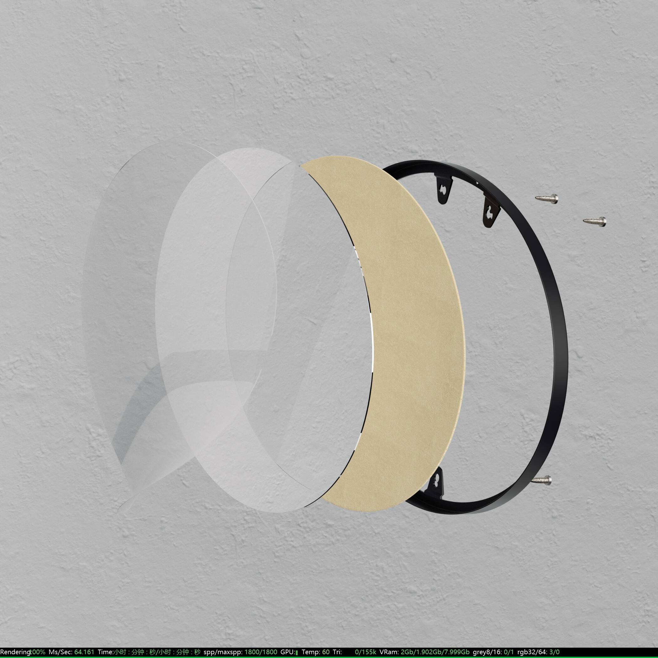 Rendering: 0%  
Ms/Sec: 54.161  
Time: 00:00:00 / 00:00:59  
spp/maxapp: 1800/1800  
GPU Temp: 60  
Tri: 0/155k  
VRam: 20h/1.9020b/7.99n9Kab  
grey8/16  
rgb16/64  
3/0