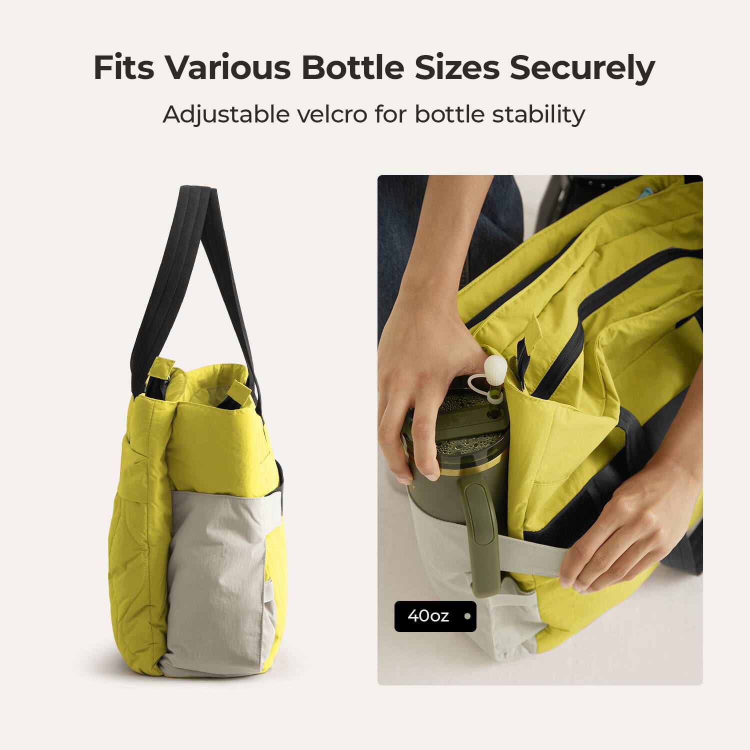 Fits Various Bottle Sizes Securely  
Adjustable velcro for bottle stability  
40oz
