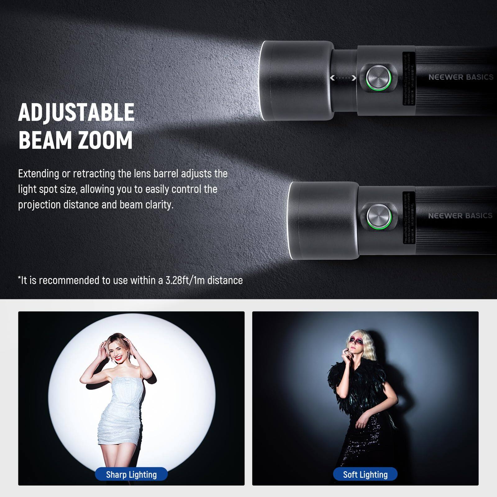 **ADJUSTABLE BEAM ZOOM**

Extending or retracting the lens barrel adjusts the light spot size, allowing you to easily control the projection distance and beam clarity.

*It is recommended to use within a 3.28ft/1m distance*

**Sharp Lighting**

**Soft Lighting**