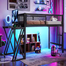 Boyel Living - Twin XL Size Gaming Loft Bed with Desk of X Shaped Leg LED Lights USB Ports Staircase - Black