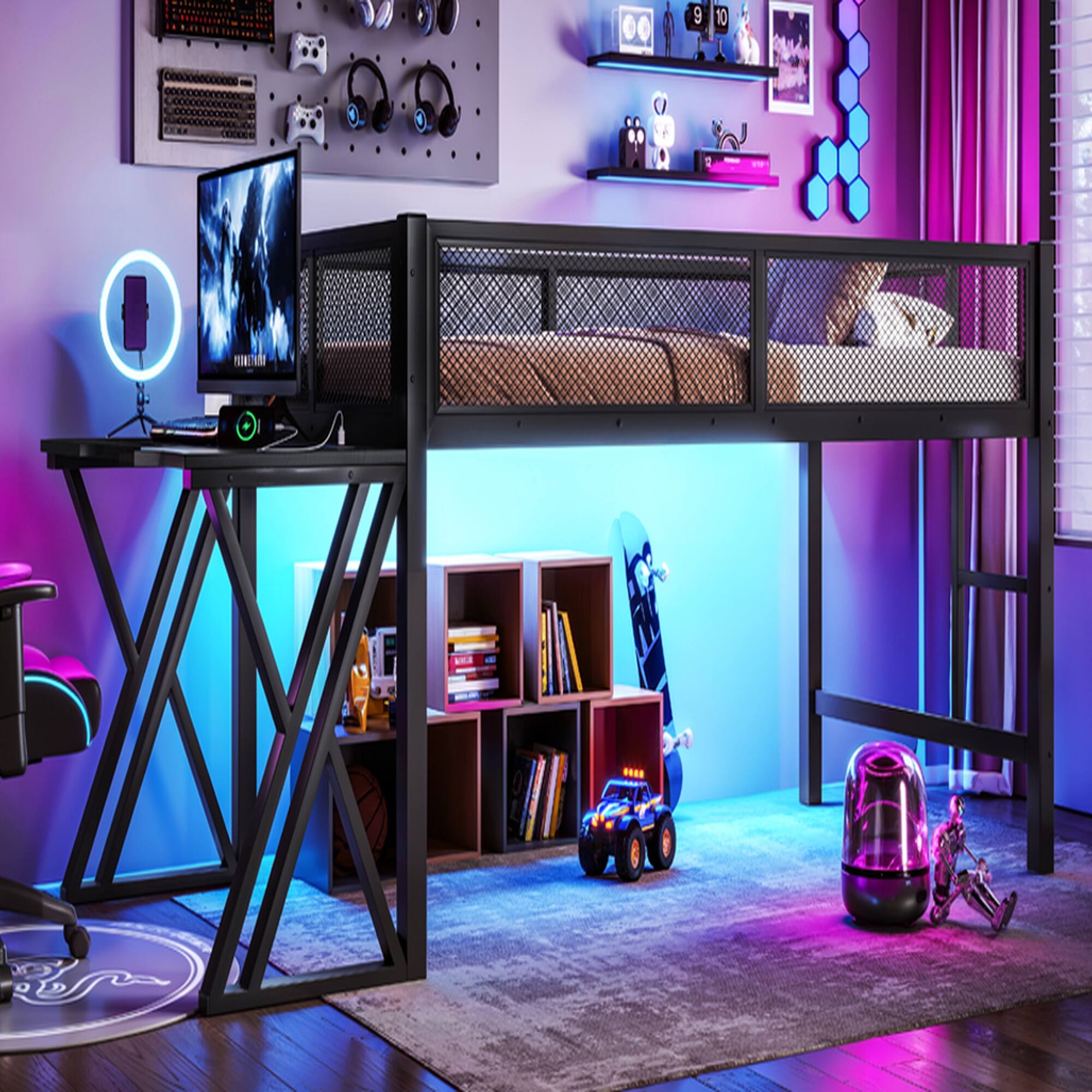Front. Boyel Living - Twin XL Size Gaming Loft Bed with Desk of X Shaped Leg LED Lights USB Ports Staircase - Black.
