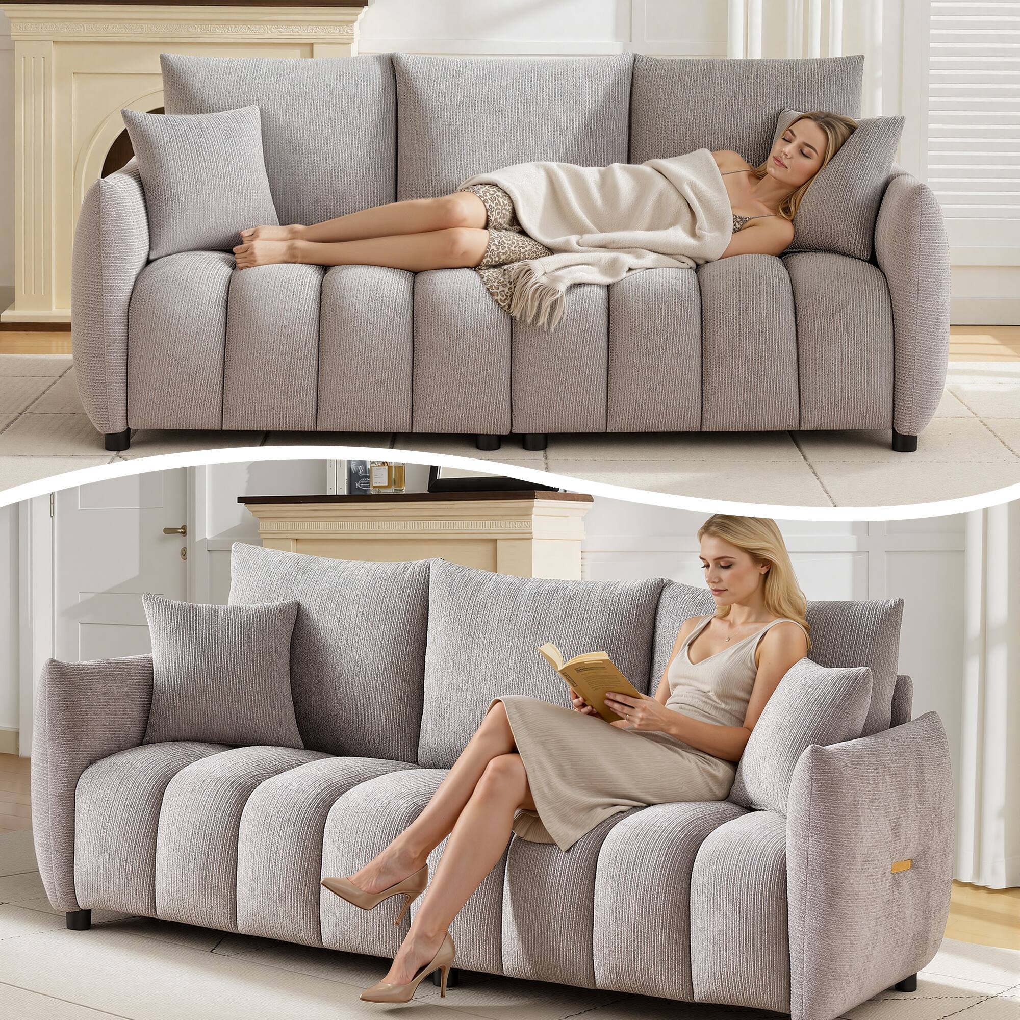 Alt View 5. Meqiodas - Modern Boucle Sofa Couch, Comfy 3 Seater Cloud Sofa with Soft Pillows, Curved Sofas Deep Seat, for Living Room, Bedroom - Gray.