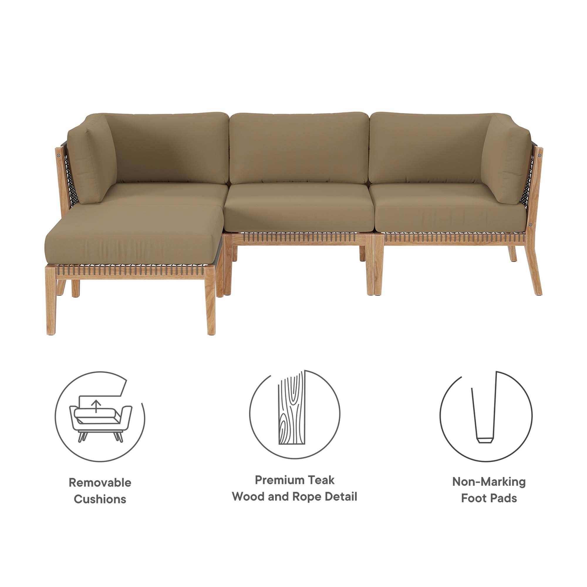 Removable Cushions  
Premium Teak Wood and Rope Detail  
Non-Marking Foot Pads