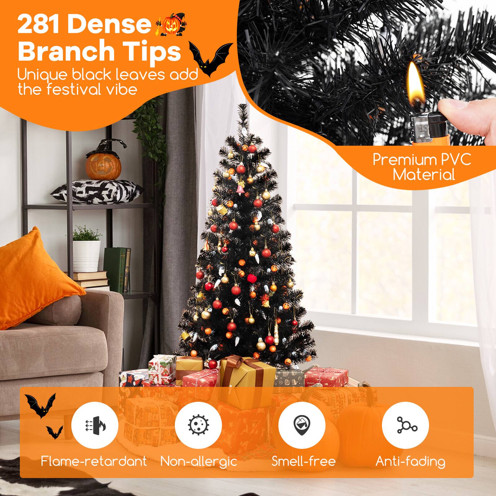 281 Dense Branch Tips  
Unique black leaves add the festival vibe  
TAO Premium PVC Material  
Flame-retardant  
Non-allergic  
Smell-free  
Anti-fading