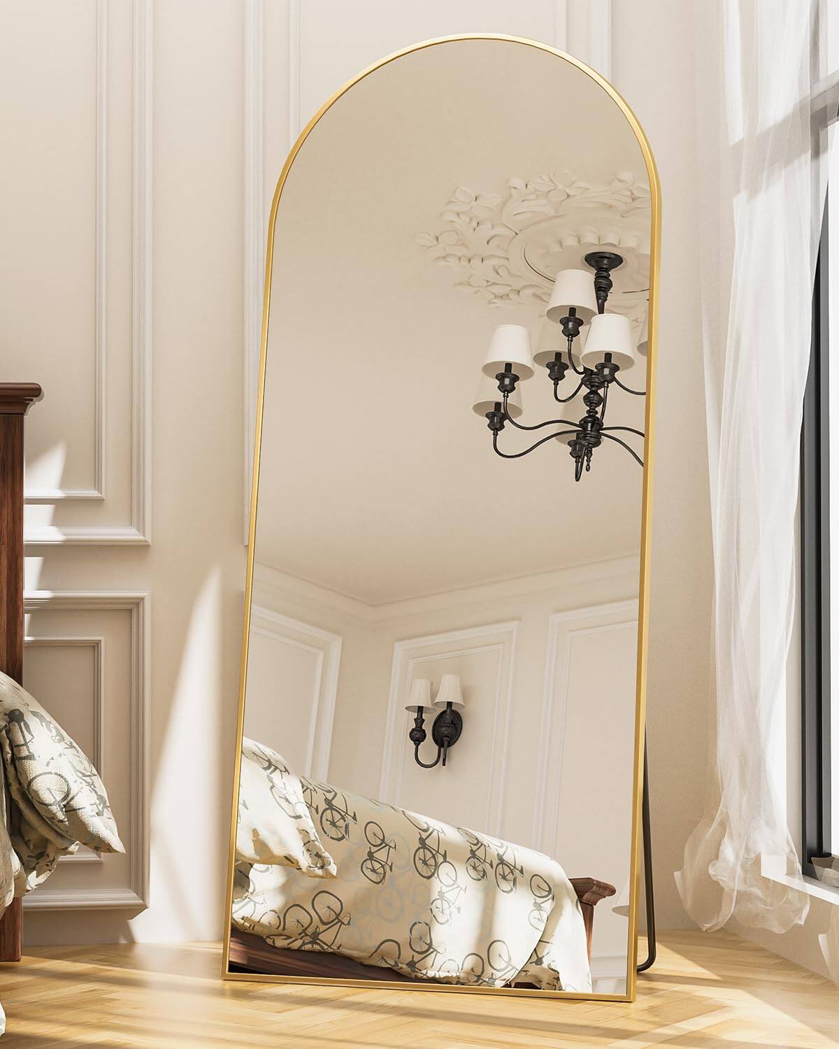 Front. Hanke - Full Length Mirror Floor Arched Standing Freestanding Arch Body Mirrors With Stand For Bedroom Hanging Living - Gold 71"L x 32"W.