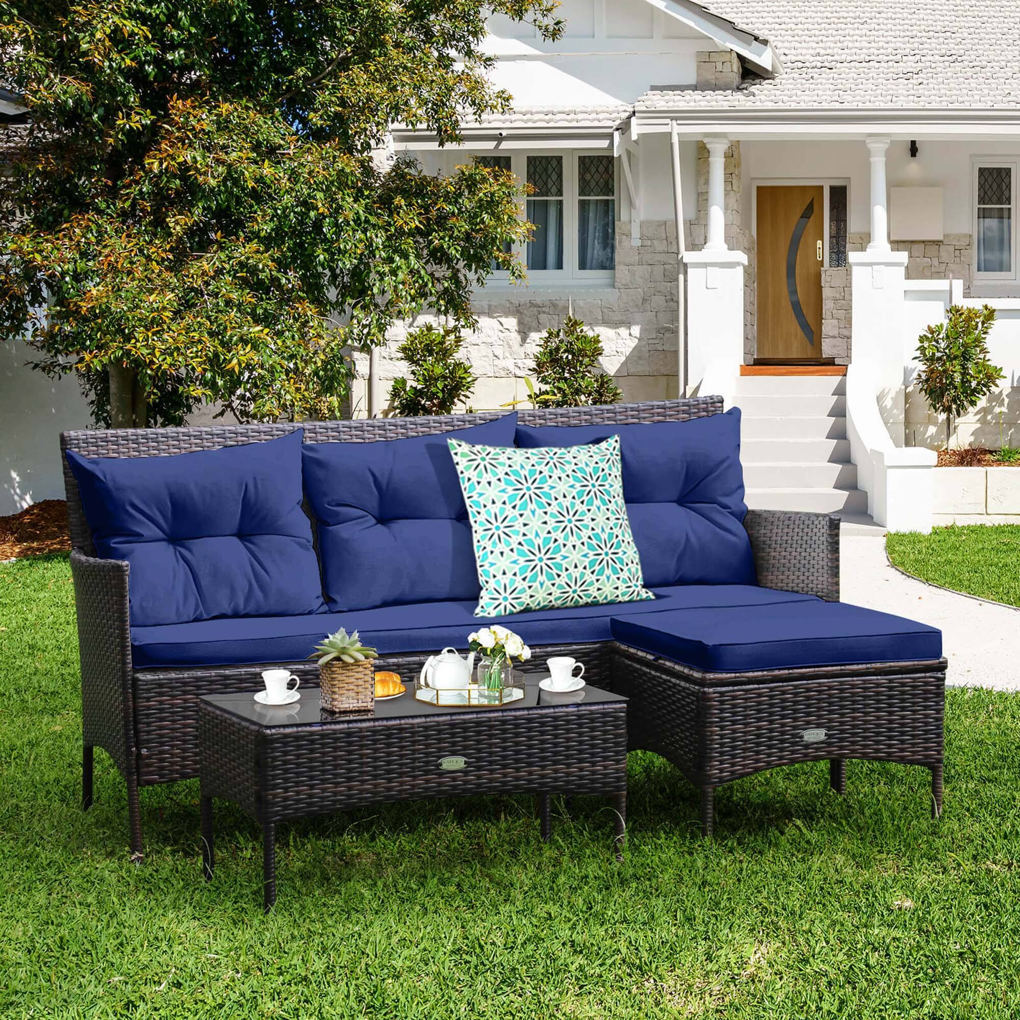 Alt View 1. Costway - 3PCS Patio Rattan Furniture Set 3-Seat Sofa Cushioned Table Garden - Mix Brown,Navy.