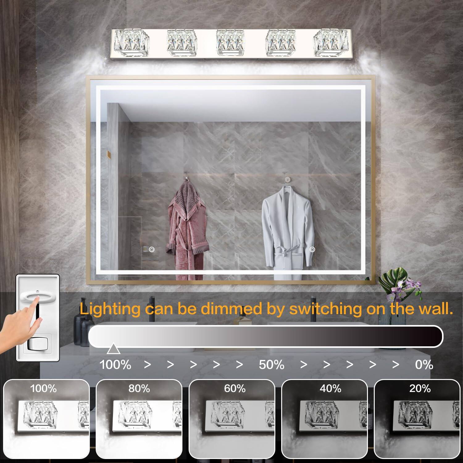 Lighting can be dimmed by switching on the wall.

100% > > > > 50% > > > > 0%

100% 80% 60% 40% 20%