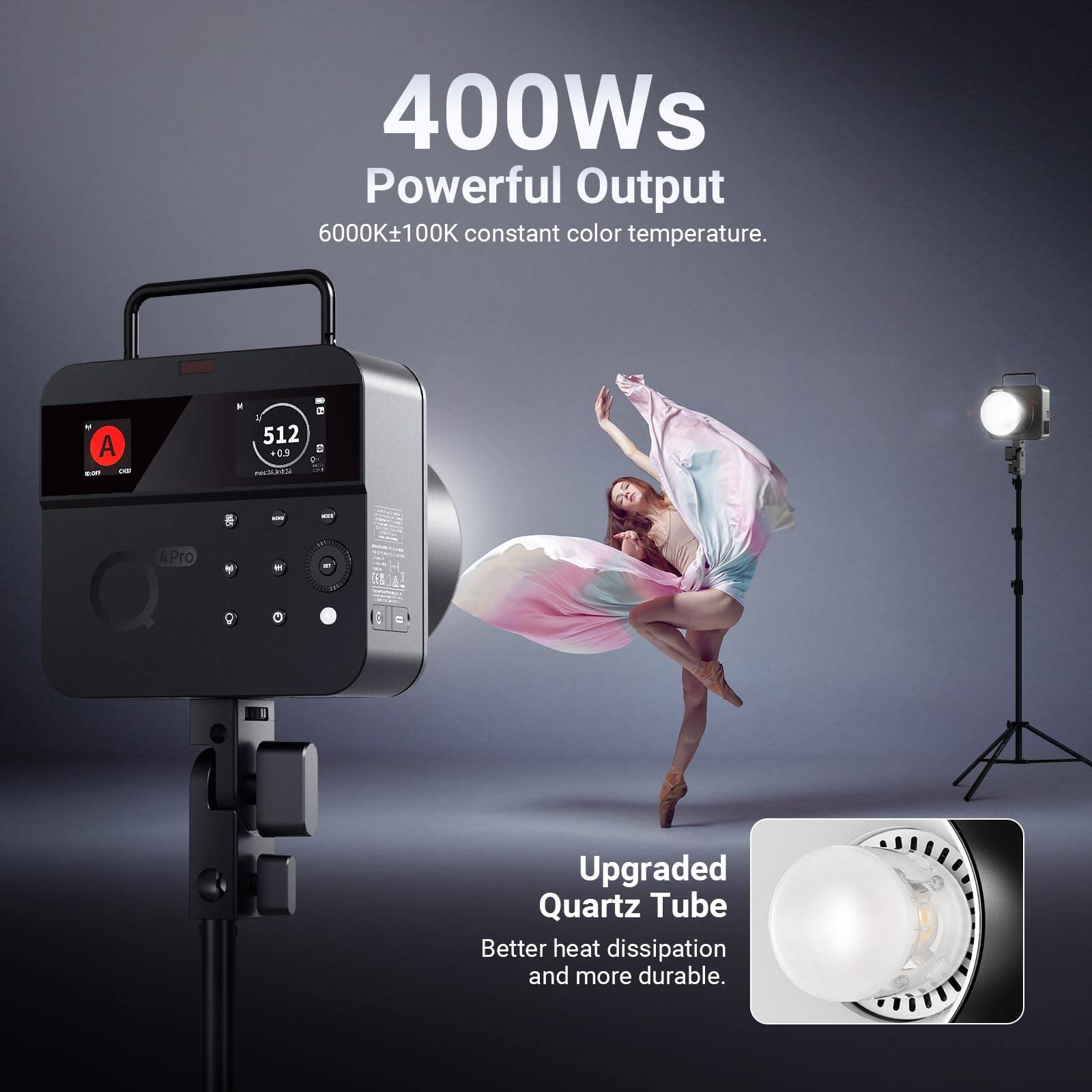 400Ws Powerful Output 6000K±100K constant color temperature. A HE - 512 0.9 wERN 2 4Pro . - C . : Upgraded Quartz Tube Better heat dissipation and more durable.