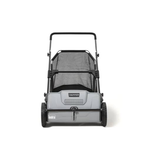 Angle. Dapper Supply - 21" Push Lawn Sweeper with 3.5 Cu. Ft. Hopper, Dual Brushes, Rubber Wheels for Grass & Leaf Cleanup - Grey.