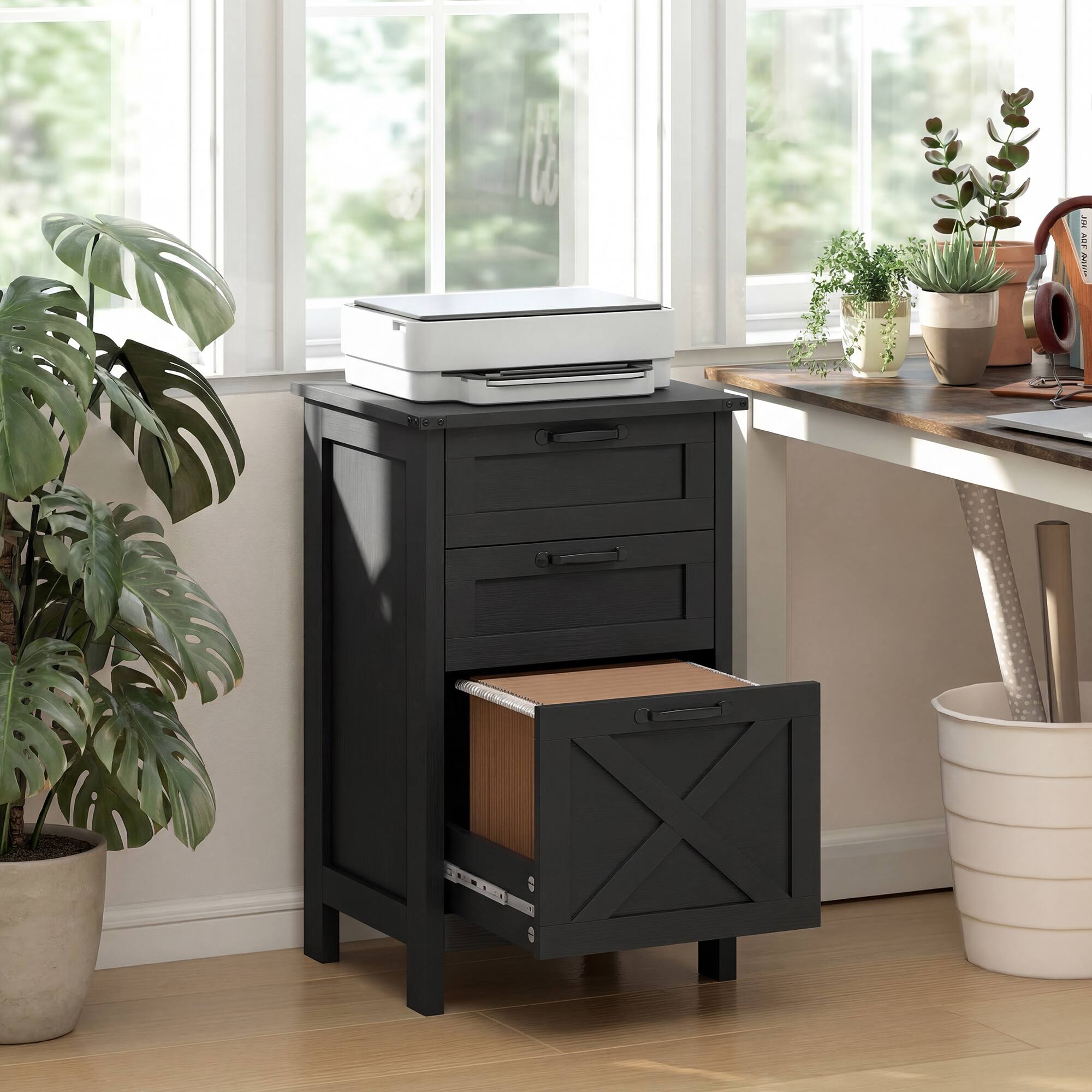 Alt View 8. Homcom - File Cabinet with 3 Drawers, Rustic Farmhouse Office Storage Cabinet for A4, Letter Size - Black.