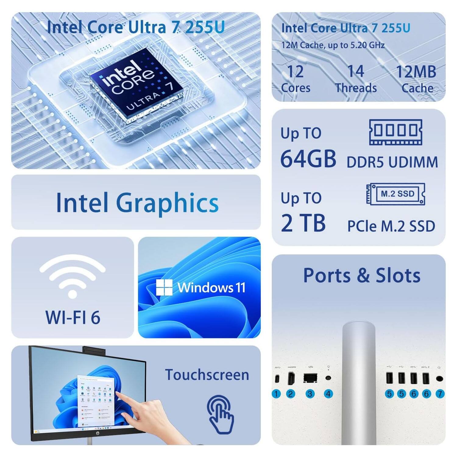 Intel Core Ultra 7 255U  
Intel Core Ultra 7 255U  
12M Cache, up to 5.20 GHz  
12 Cores  
14 Threads  
12MB Cache  
Up to 64GB DDR5 UDIMM  
Up to 2 TB PCIe M.2 SSD  
Intel Graphics  
Windows 11  
Wi-Fi 6  
Touchscreen  
Ports & Slots