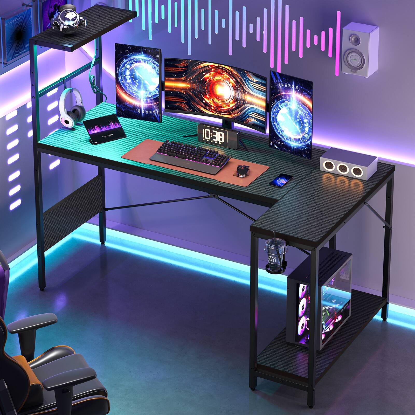 RSPGAME - 57.4'' Gaming Desk with LED Lights Reversible Computer Desk with Shelf Cup Holder & Hook, Gaming Table for Home Office - Black price history on PriceWatchPro