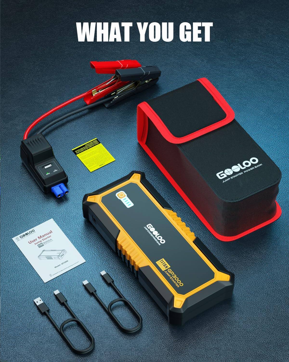 WHAT YOU GET

GOOLOO Manual
User Jump 3000A 2 S

GOOLOO TITAN GP3000

GOOLOO JUMP STARTER