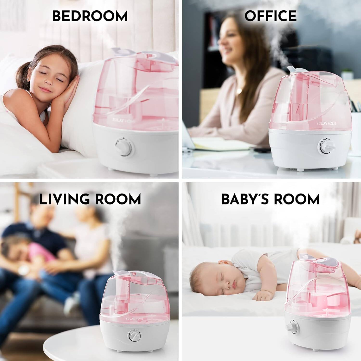 The text in the image can be grouped and corrected as follows:

- Bedroom
- Office
- Living Room
- Baby's Room

The product shown is a humidifier.