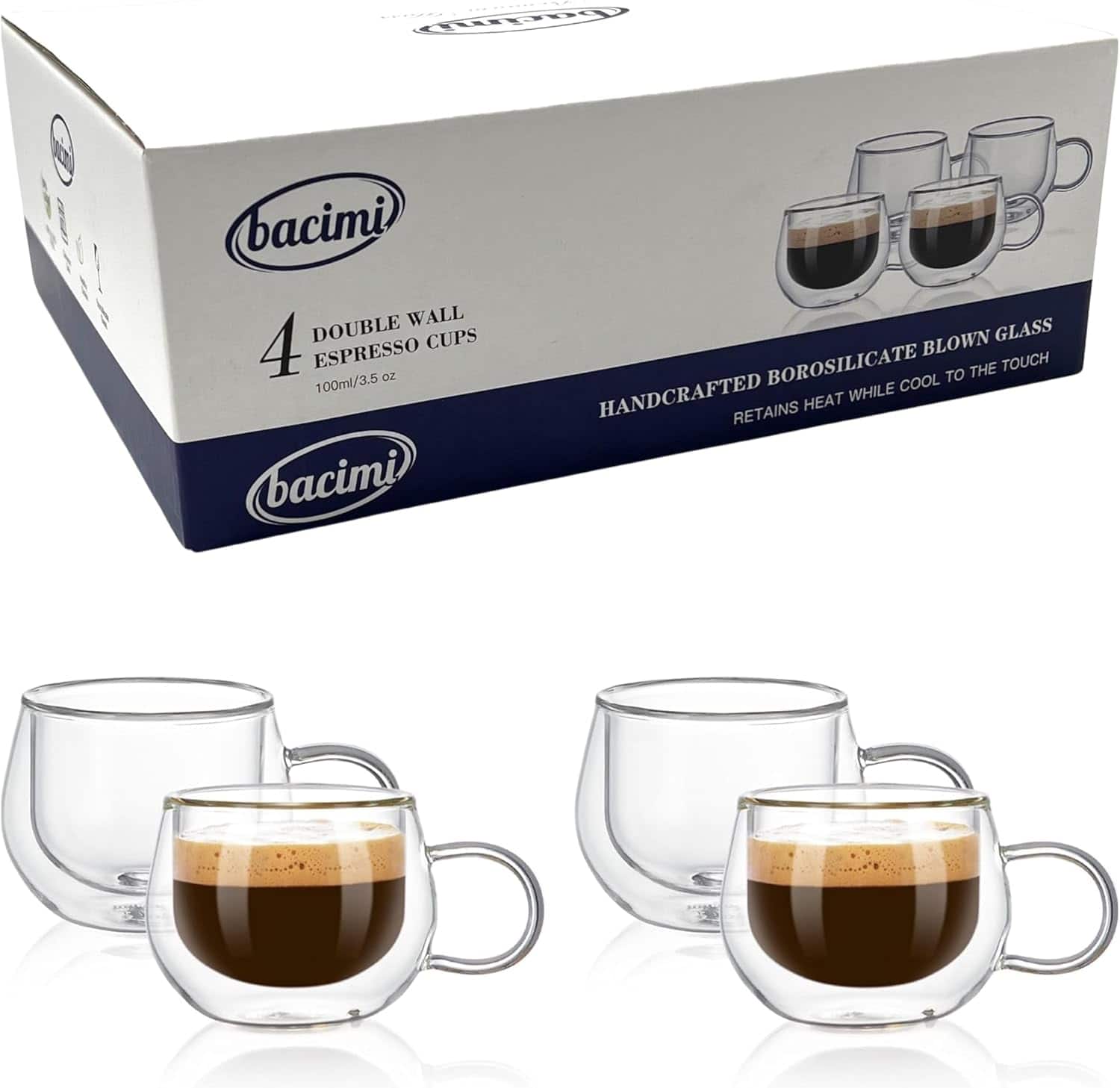 Bacimi - Double Wall Insulated Espresso Coffee Cups 3.5oz Borosilicate Cup W/Handle Cups For Espresso, Cappuccino, Latte - Clear