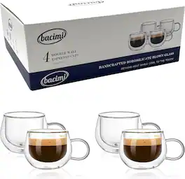 Bacimi - Double Wall Insulated Espresso Coffee Cups 3.5oz Borosilicate Cup W/Handle Cups For Espresso, Cappuccino, Latte - Clear