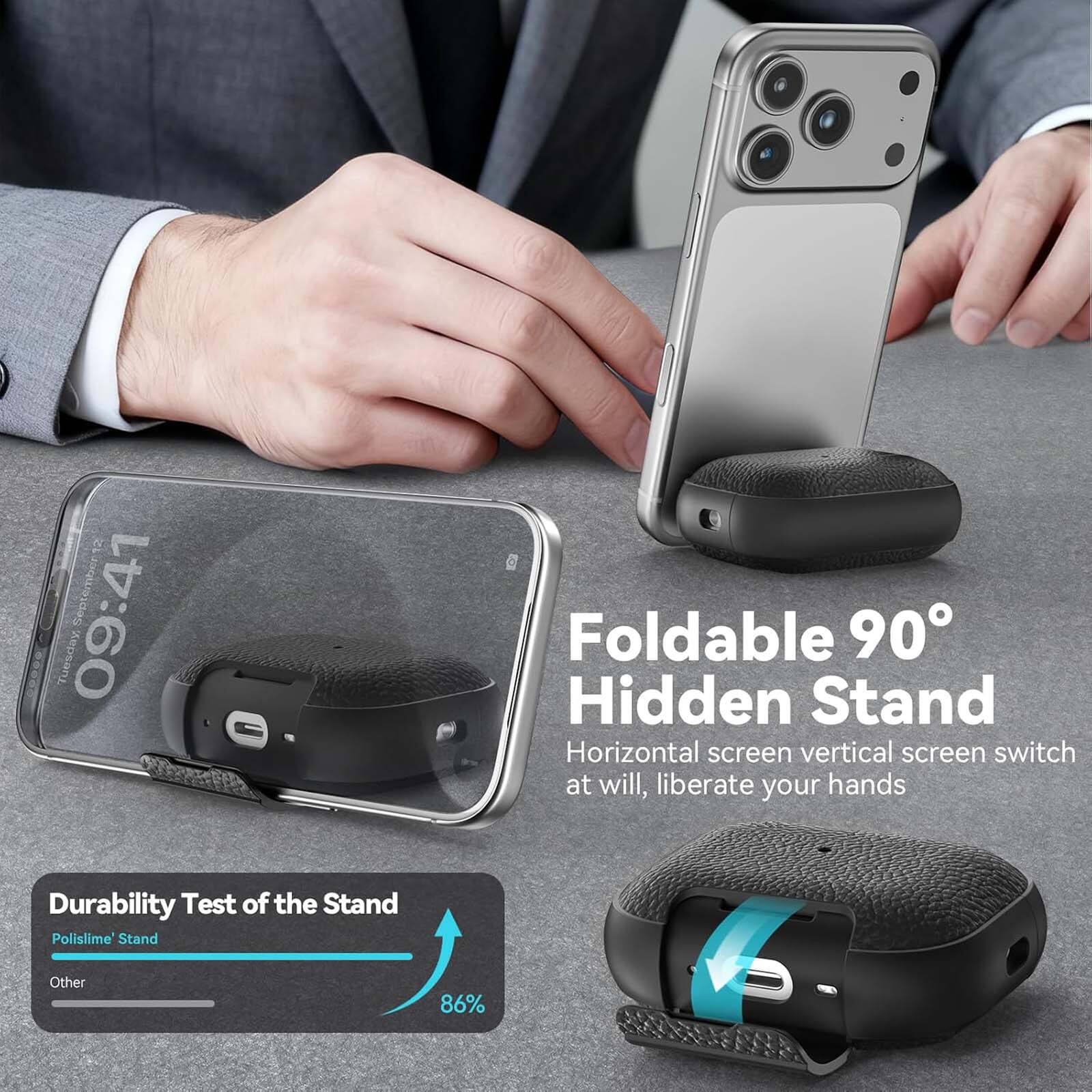 09:41 September Tuesday

Foldable 90° Hidden Stand  
Horizontal screen vertical screen switch at will, liberate your hands

Durability Test of the Stand  
Polislime Stand  
Other  
86%