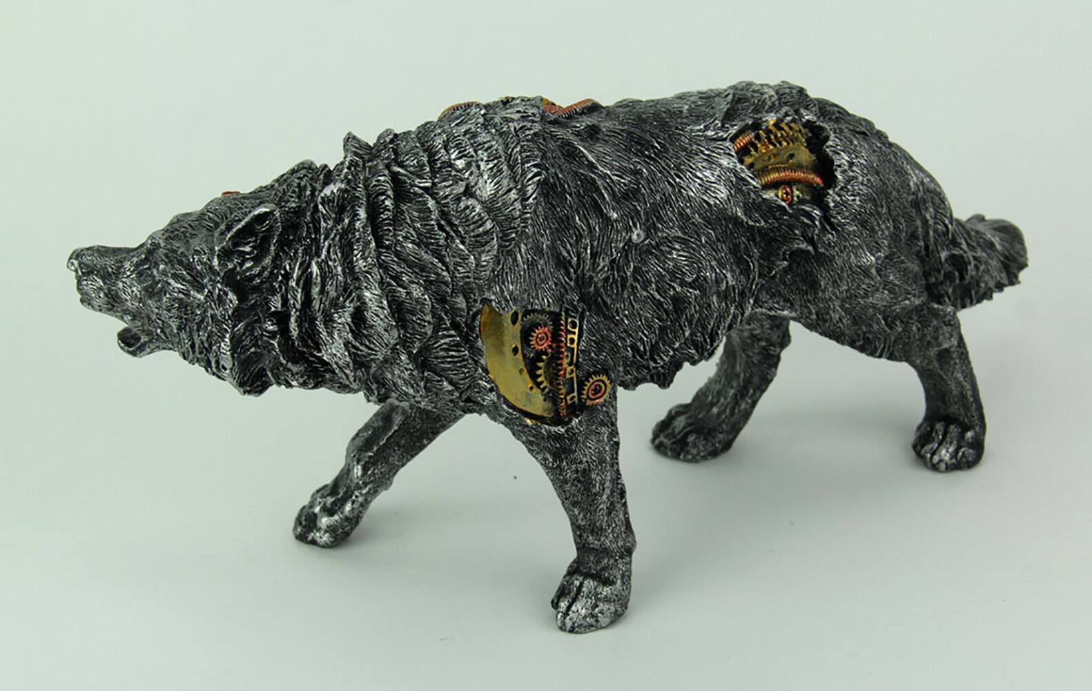 Alt View 1. Everspring Import Co. - Metallic Silver Finish Mechanical Steampunk Timber Wolf Statue - Silver.