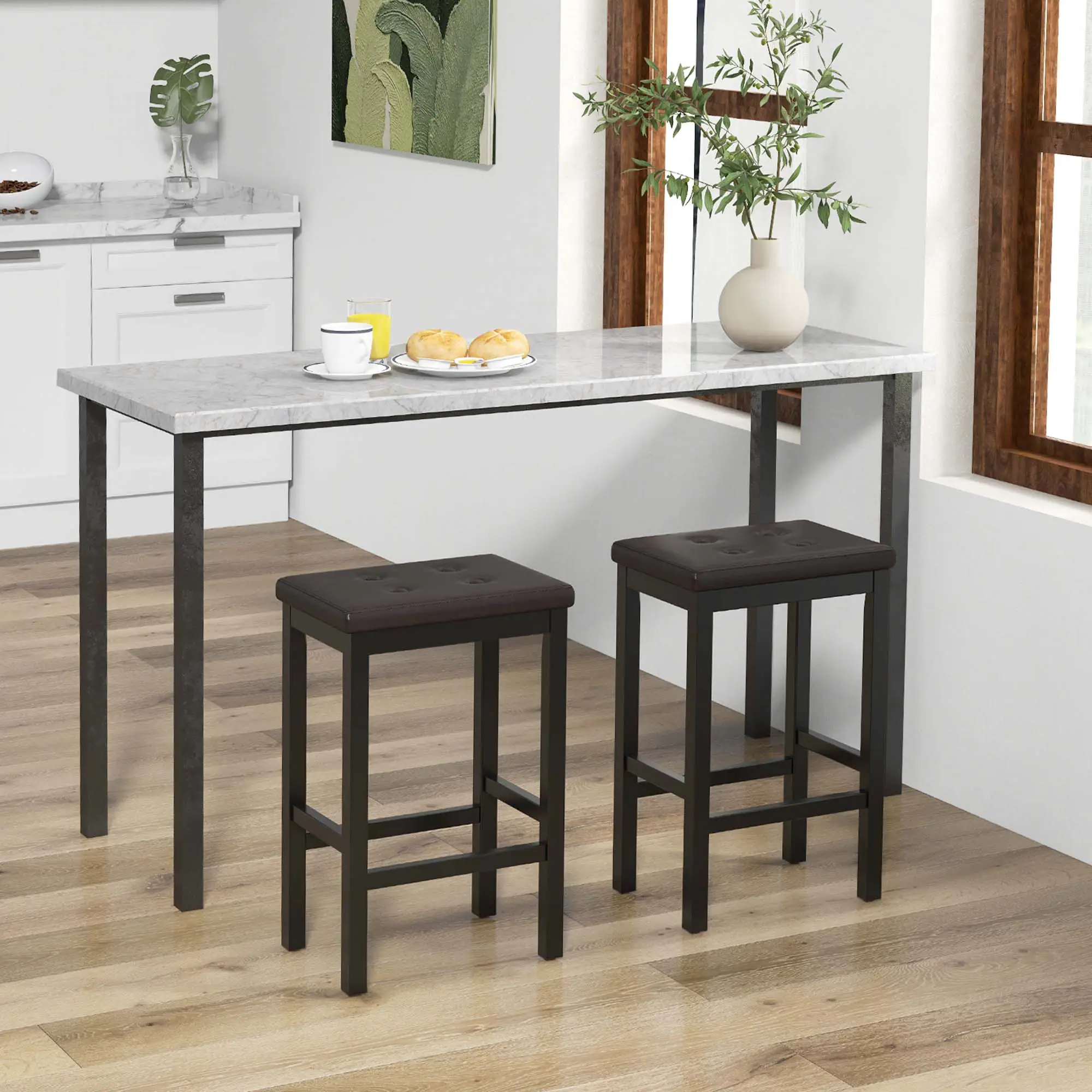 Alt View 3. Costway - Set of 2 Rubber Wood Bar Stools 24" Counter Height Stool with Padded Seat, Footrest - Brown & Black.