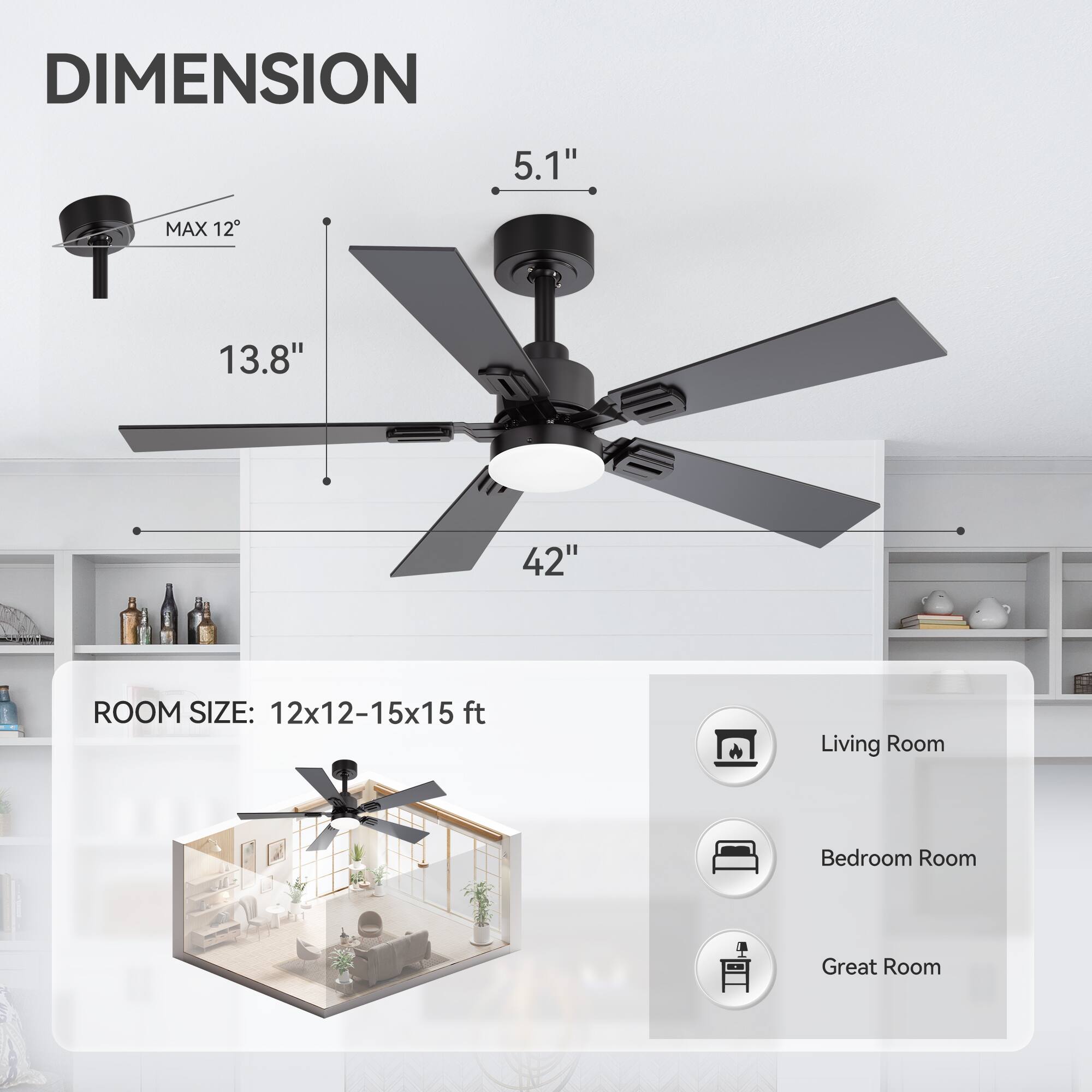 DIMENSION: 5.1", MAX 12, 13.8", 42"
ROOM SIZE: 12x12-15x15 ft
Living Room
Bedroom Room
Great Room
