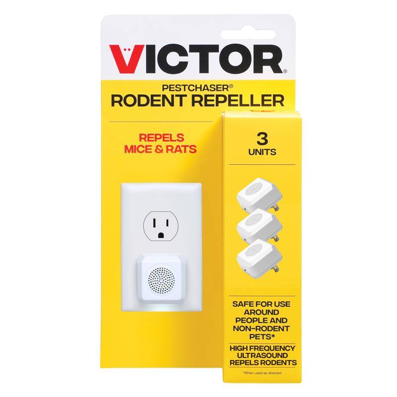 VICTOR PESTCHASER RODENT REPELLER  
REPELS MICE & RATS  
3 UNITS  
SAFE FOR USE AROUND PEOPLE AND NON-RODENT PETS*  
HIGH FREQUENCY ULTRASOUND REPELS RODENTS  
*When used as directed