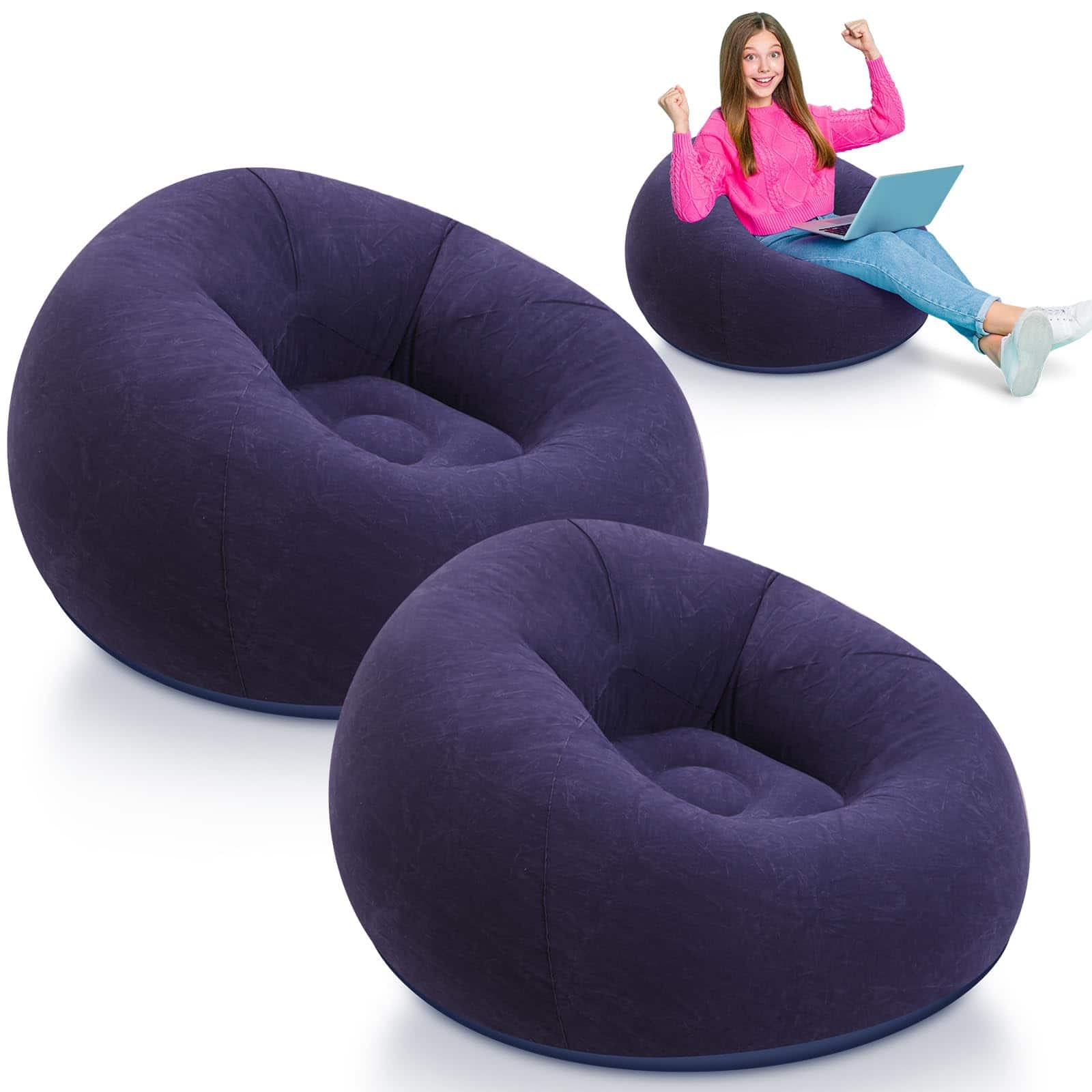 PO3TICJUNKI3 - 2 Small Bean Bag Chair Inflatable Blow Up Games Chairs Foldable Flocking Sofa Portable For Living Room Bedroom - Blue
