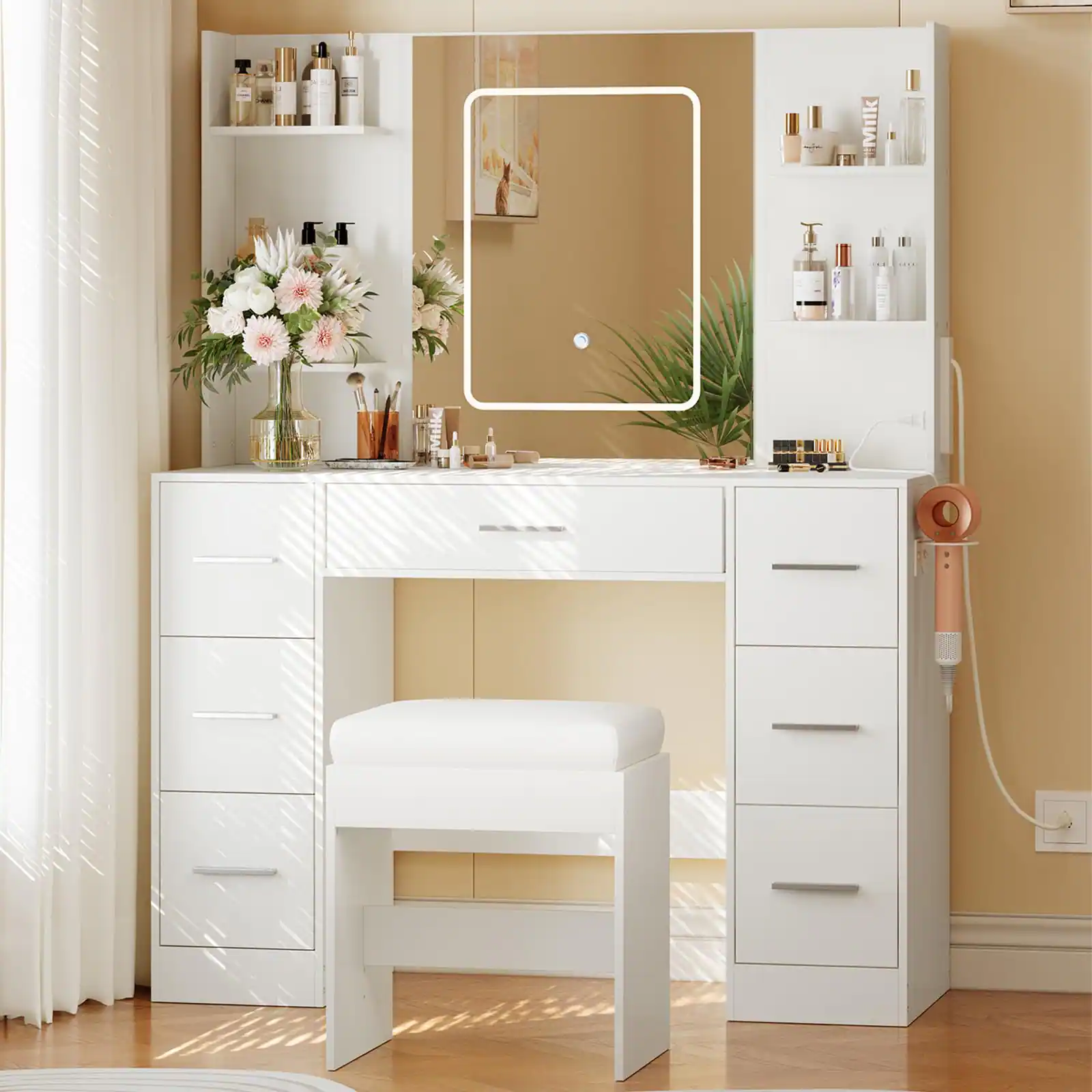 Front. Acekool - Vanity Desk with Lights, Makeup Vanity with Mirror and Chair, Power Outlet, Hair Dryer Rack, 7 Drawers, 3 Lighting Modes - White.