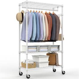 ALEXOUN - 3 Tiers Heavy Duty Rolling Garment Rack -15.7" x 29.5" x 74.5",Adjustable Wire Shelving, Rack with Rods and Side Hooks - White