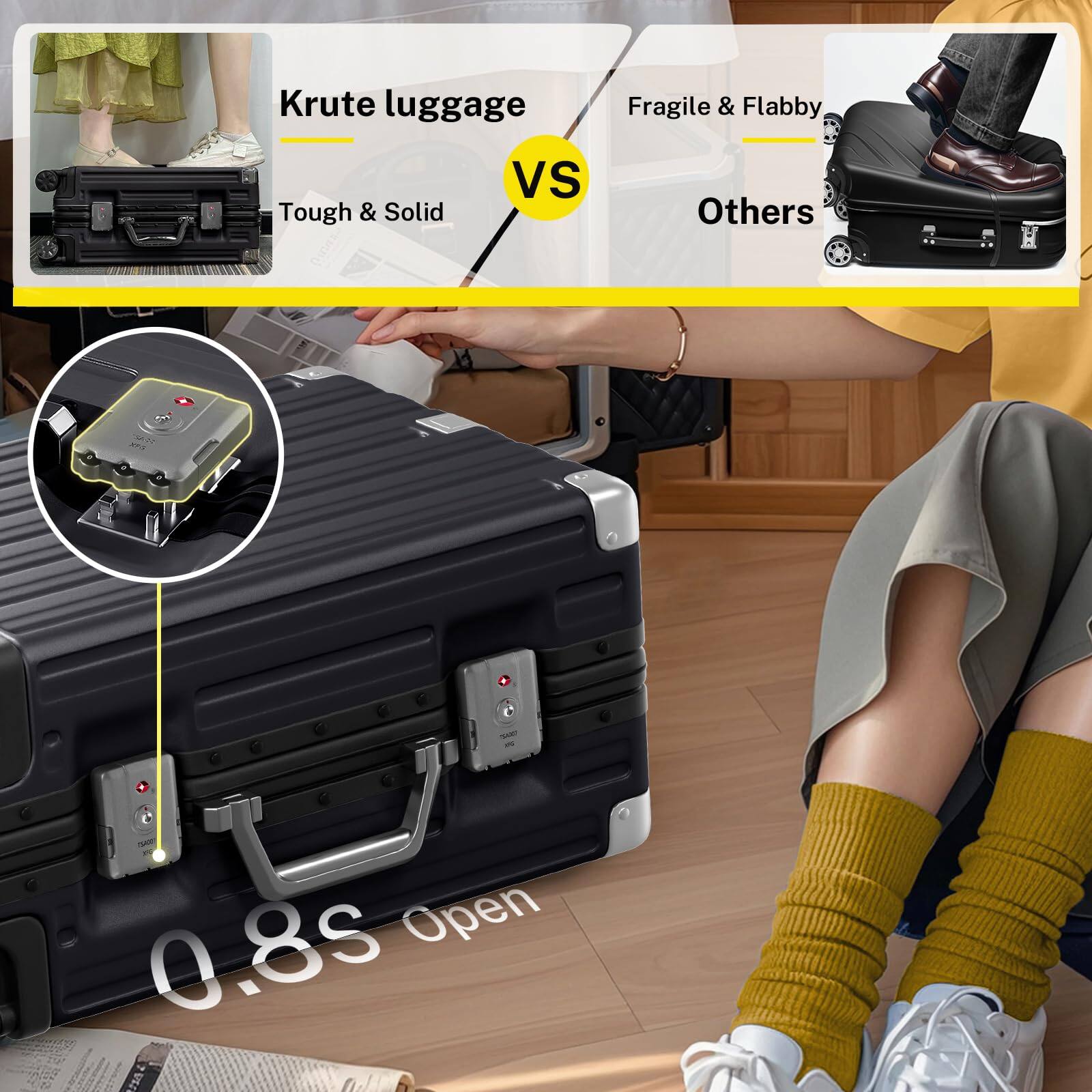 Krute luggage  
Tough & Solid  

VS  

Fragile & Flabby  
Others  

0.8s Open