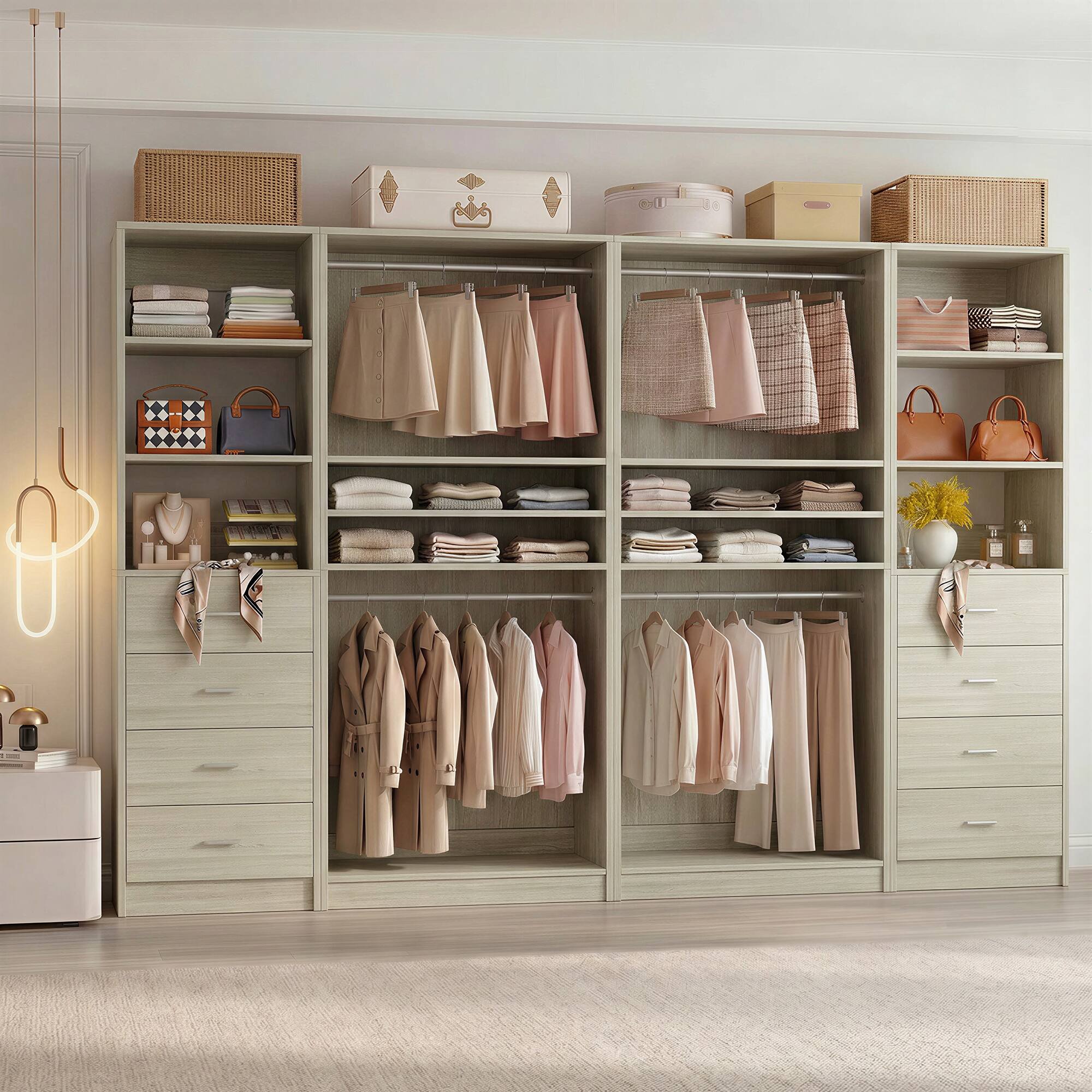 Alt View 2. Aheaplus - 114.6'' Wide Closet Organizer with 8 Drawers and 4 Hanging Rods, 4-Piece Set - Beige Oak.