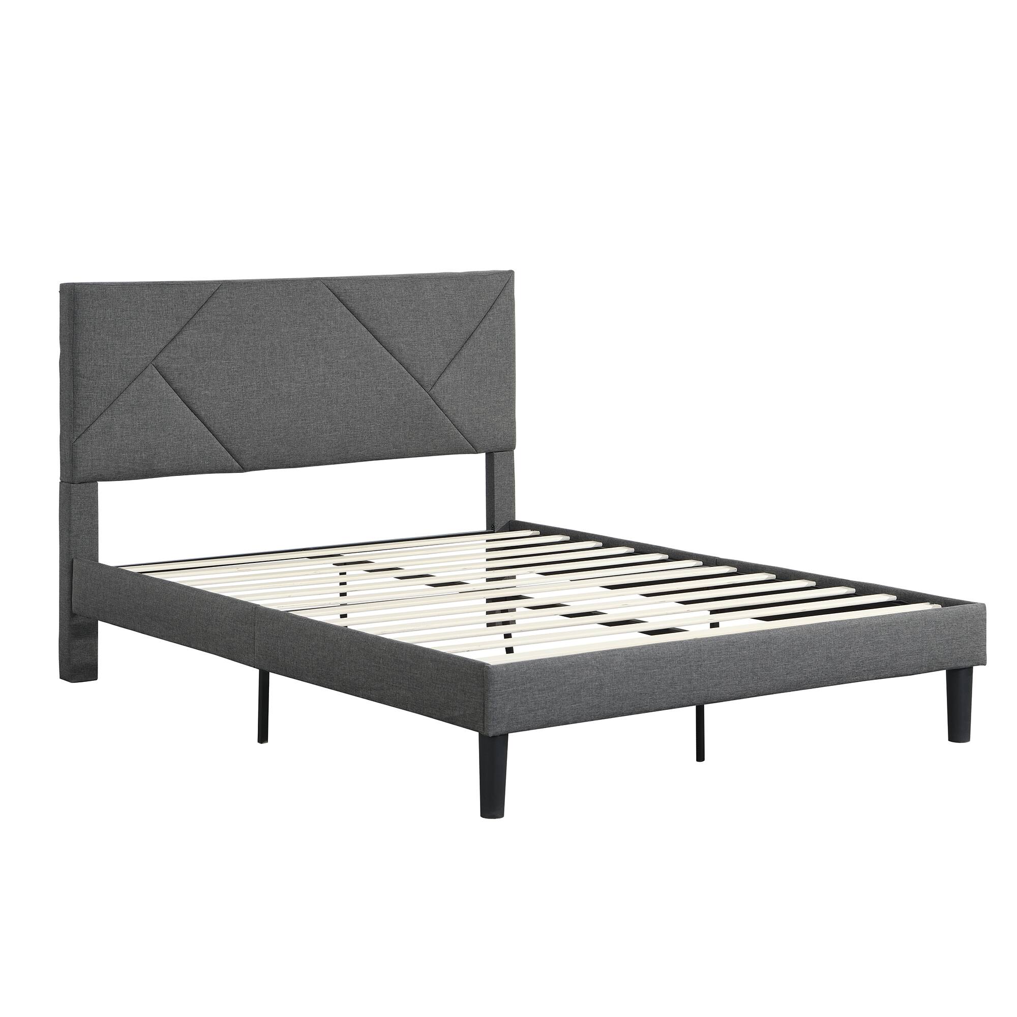 Left. LUCKY ONE - Full Size Upholstered Platform Bed Frame with Headboard - Gray.