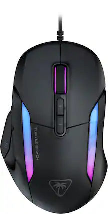 Turtle Beach is a company that specializes in gaming accessories, including computer mice. The image shows a close-up of a Turtle Beach computer mouse, which features a purple and blue lighting design. The mouse is black and has a unique design, making it stand out from other gaming mice.