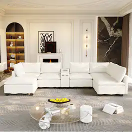 Anysun - 121.2" Modular U-Shaped Cloud Sectional Sofa with Movable Ottoman, Hidden Storage, Cup Holders & Bluetooth Speaker - Beige White