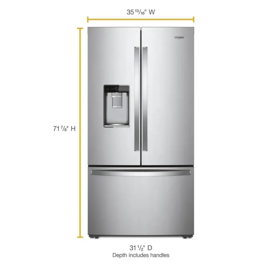 The text on the image reads: "35 13/16" W 71 7/8" H 31 1/2" D Depth includes handles."