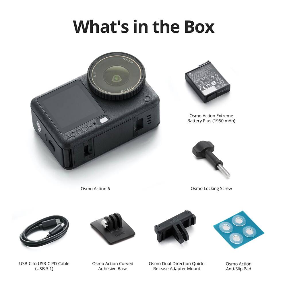 What's in the Box

- Osmo Action Extreme Battery Plus (1950 mAh)
- Osmo Action 6
- Osmo Locking Screw
- Osmo USB-C to USB-C PD Cable (USB 3.1)
- Osmo Action Curved Adhesive Base
- Osmo Dual-Direction Quick-Release Adapter Mount
- Osmo Action Anti-Slip Pad