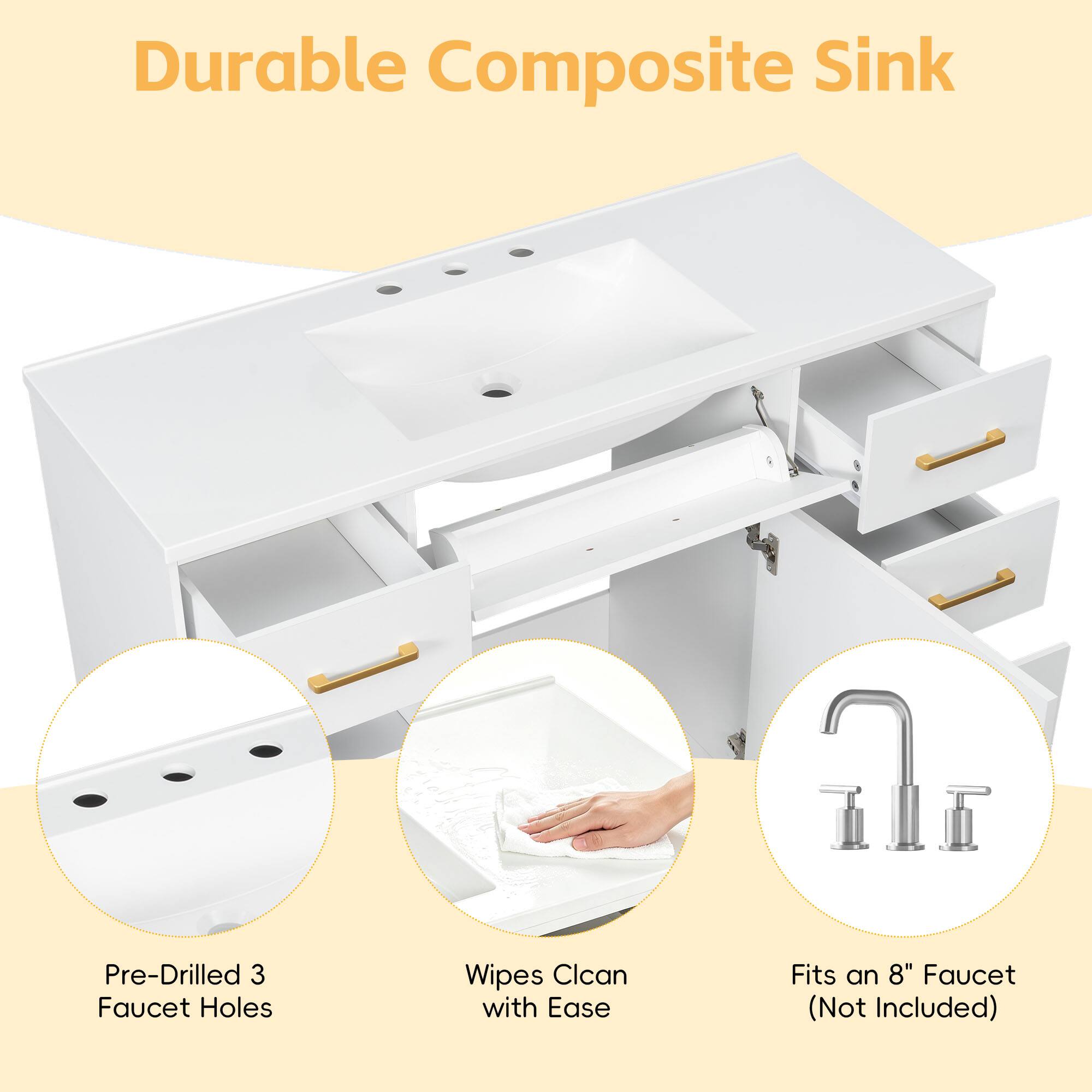 Durable Composite Sink  
Pre-Drilled 3 Faucet Holes  
Wipes Clean with Ease  
Fits an 8" Faucet (Not Included)