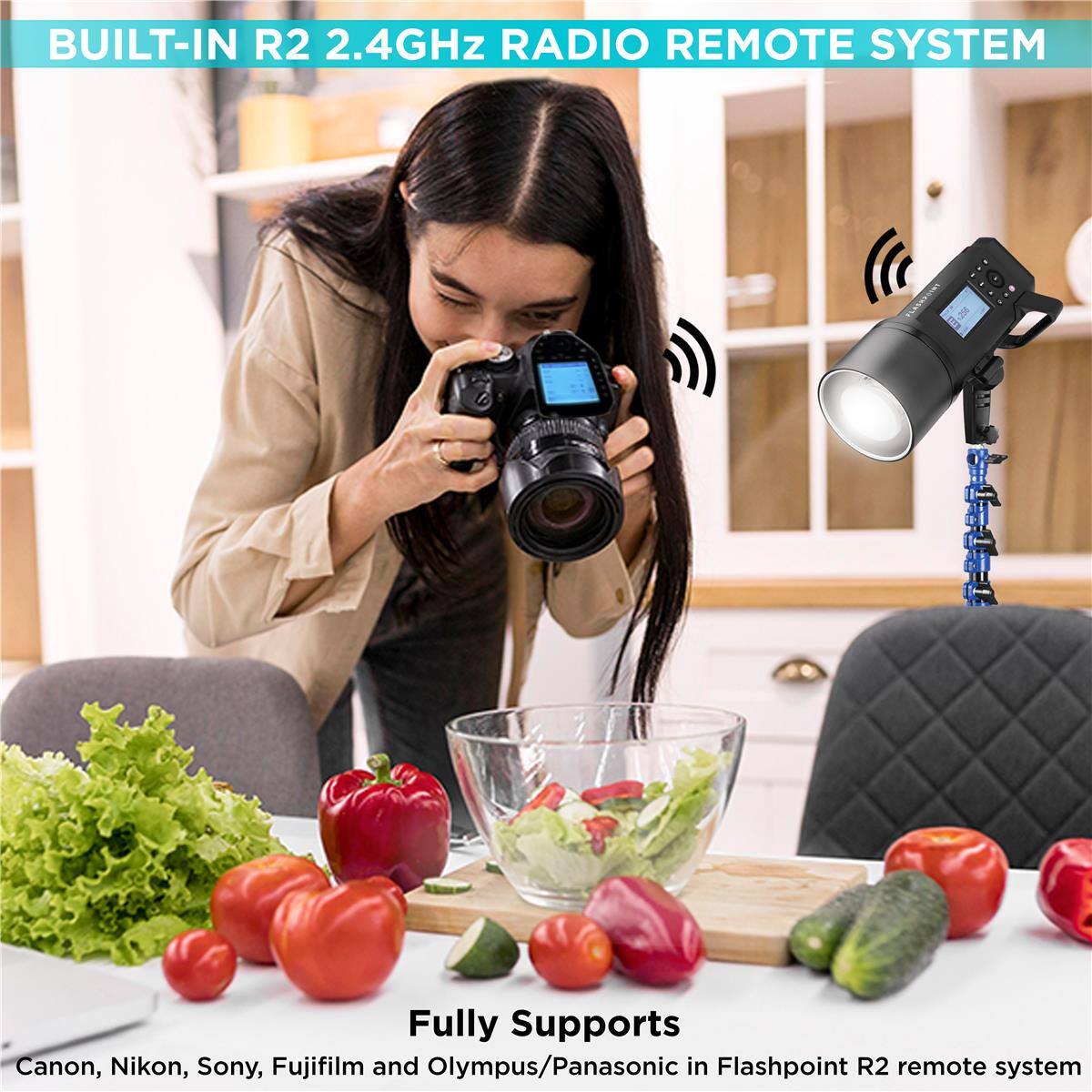 BUILT-IN R2 2.4GHz RADIO REMOTE SYSTEM

Fully Supports Canon, Nikon, Sony, Fujifilm and Olympus/Panasonic in Flashpoint R2 remote system