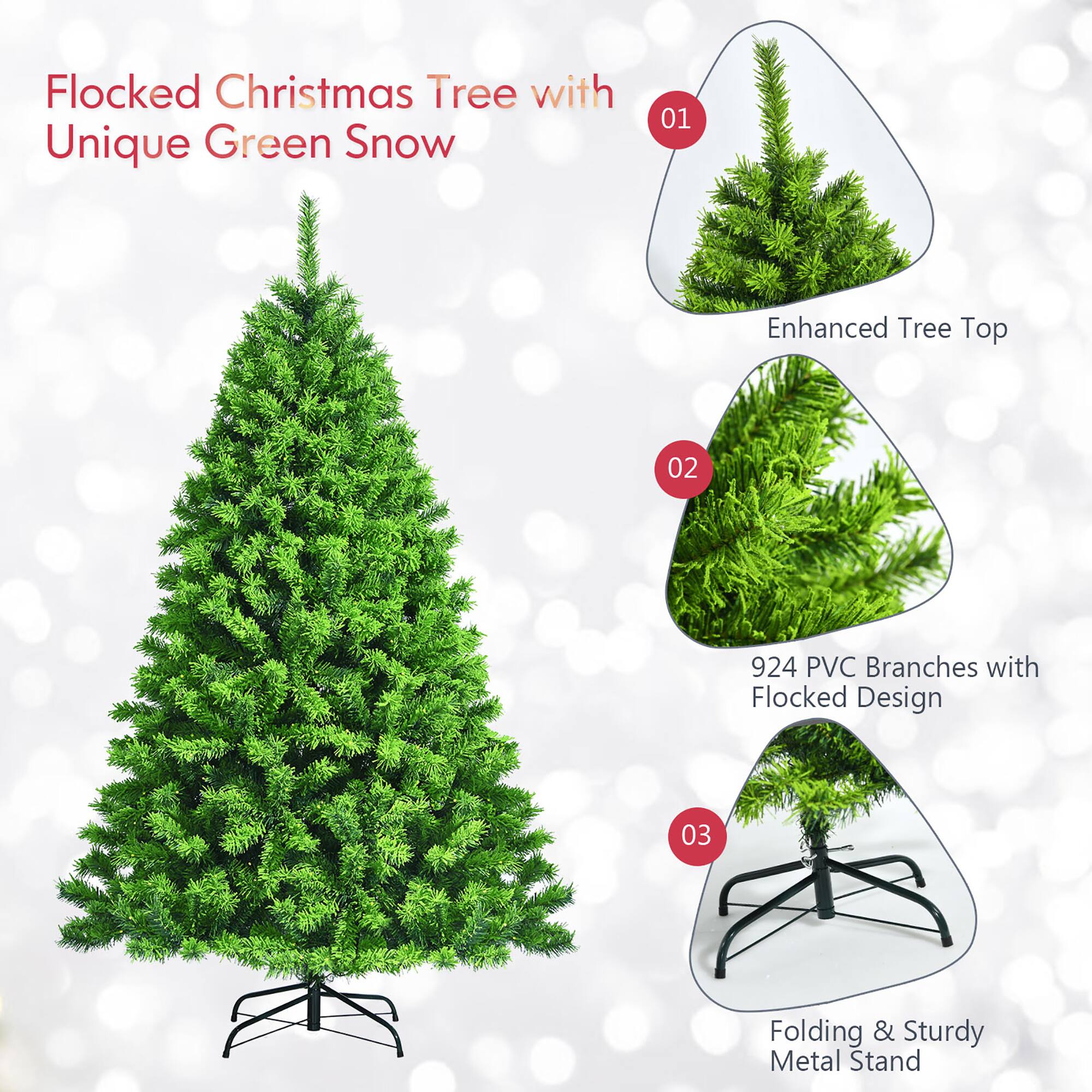 Flocked Christmas Tree with Unique Green Snow 01 Enhanced Tree Top 02 924 PVC Branches with Flocked Design 03 Folding & Sturdy Metal Stand