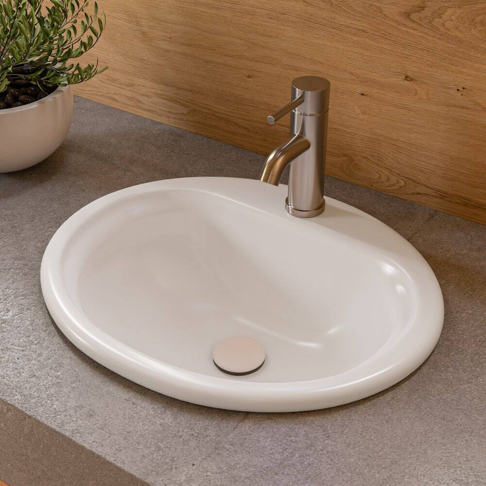 Angle. Alfi - White 21" Oval Drop In Ceramic Sink with Faucet Hole - White.