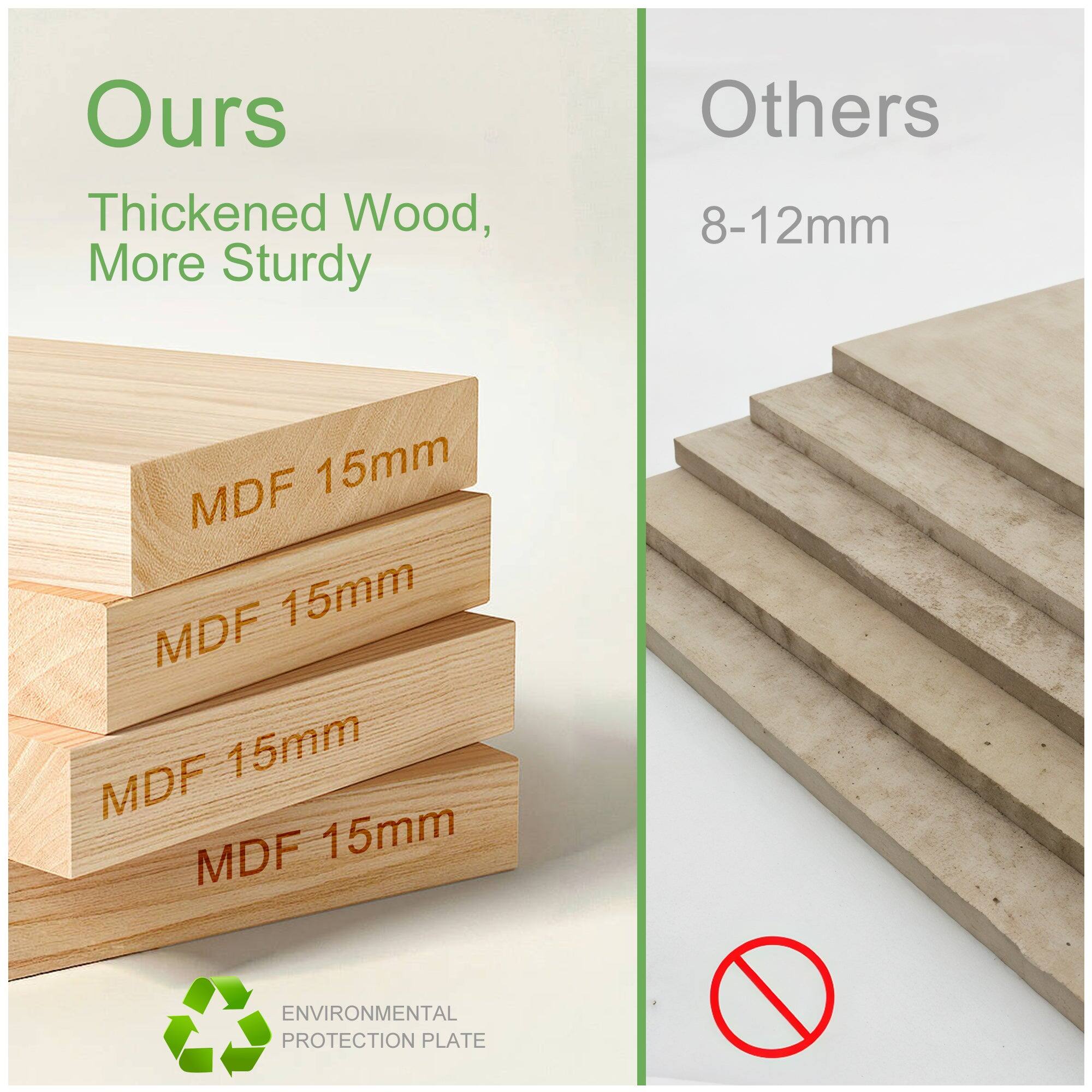 Ours  
Thickened Wood, More Sturdy  
15mm MDF  
15mm MDF  
15mm MDF  
15mm MDF  

Others  
8-12mm  

ENVIRONMENTAL PROTECTION PLATE