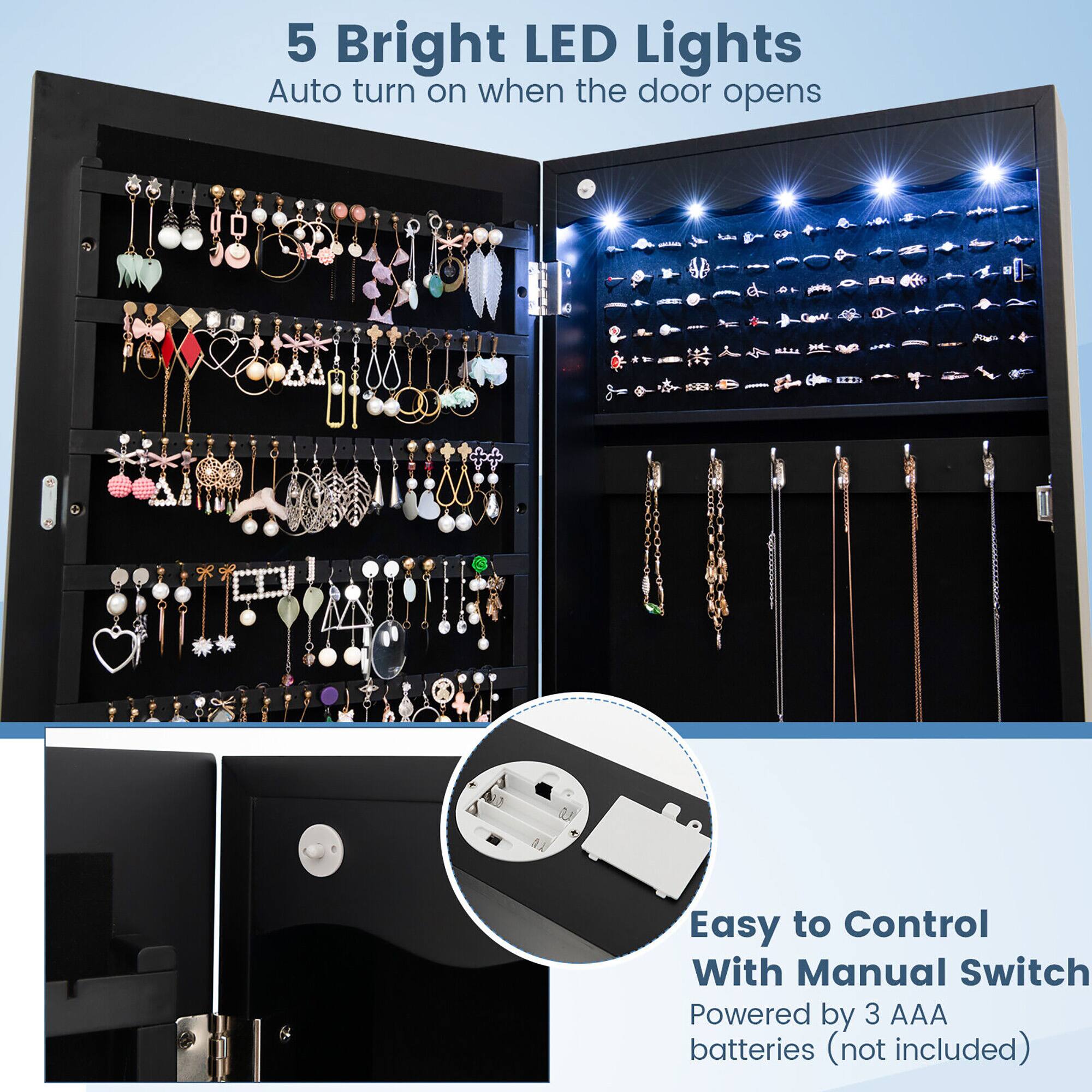 5 Bright LED Lights  
Auto turn on when the door opens  

Easy to Control  
With Manual Switch  
Powered by 3 AAA batteries (not included)