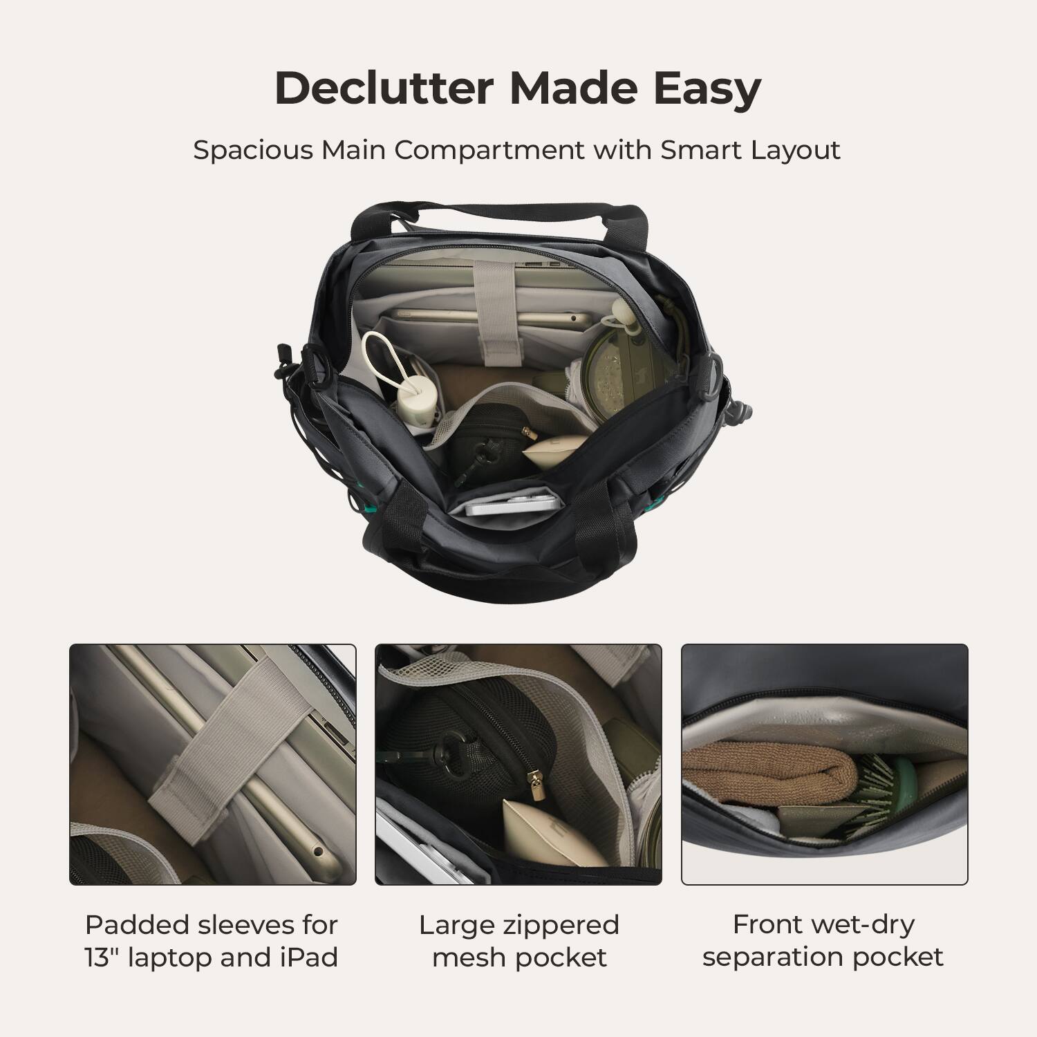 Declutter Made Easy  
Spacious Main Compartment with Smart Layout  
Padded sleeves for 13" laptop and iPad  
Large zippered mesh pocket  
Front wet-dry separation pocket